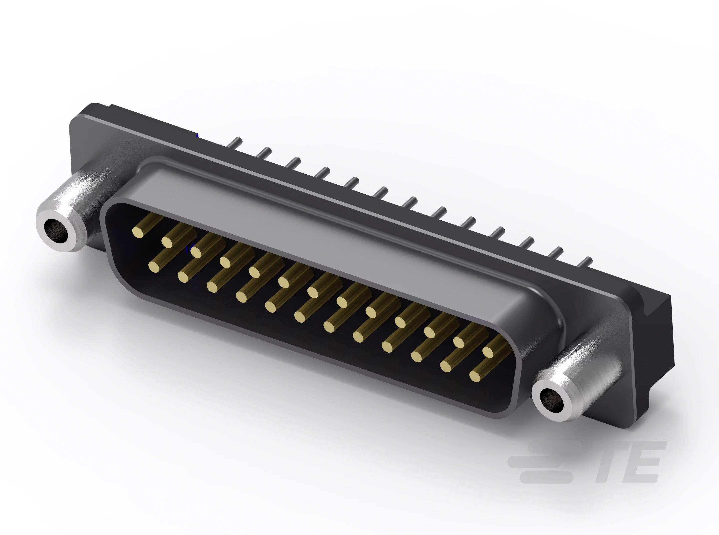 Ein schwarzer, rechteckiger Stecker mit mehreren goldenen Pins, geeignet für elektrische Verbindungen, auf weißem Hintergrund.