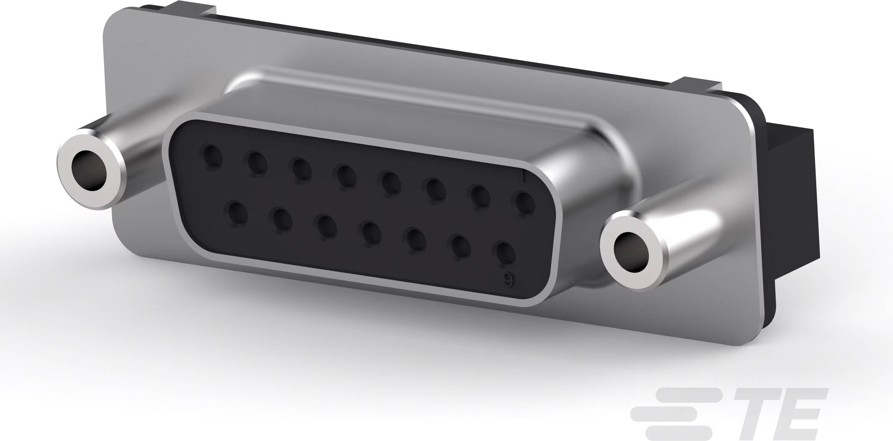 Ein D-Sub-Steckverbinder mit 15 Pins, in Metallgehäuse, perspektivisch dargestellt auf einem weißen Hintergrund.