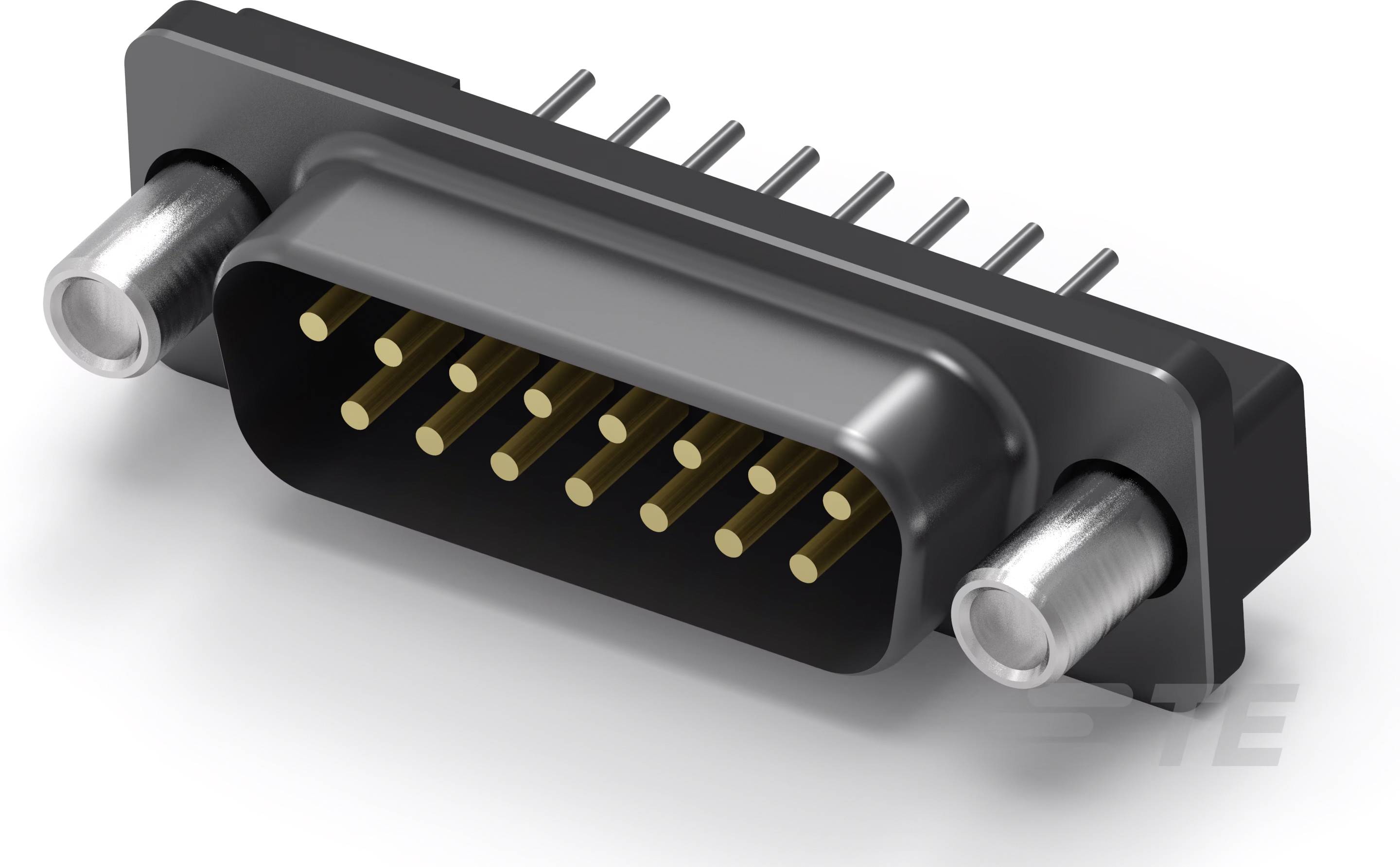 Ein schwarzer D-Sub-Stecker mit neun goldenen Pins, seitlichen Befestigungsbolzen und rückseitigen Anschlussdrähten.