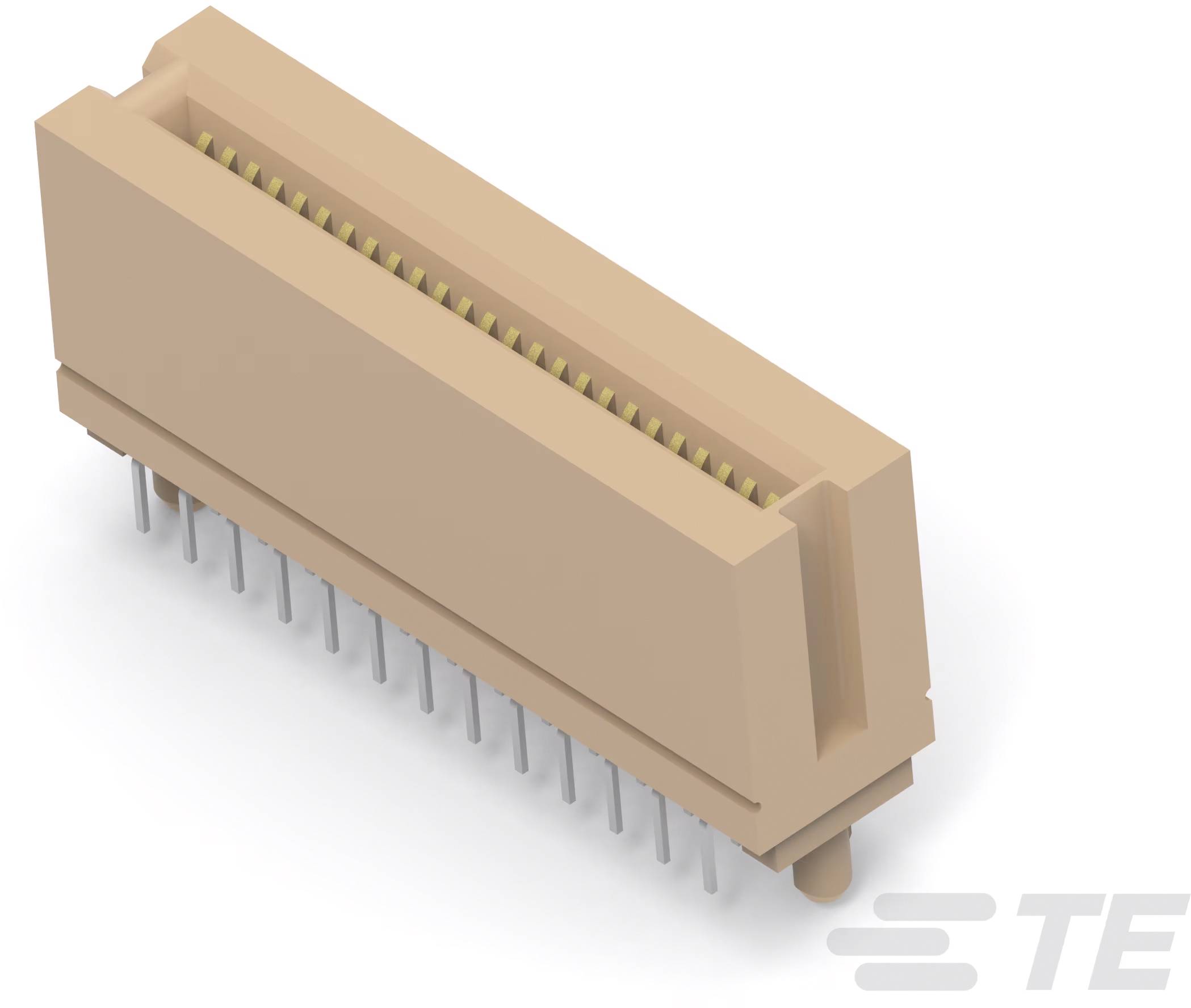 Ein 3D-Modell eines elektrischen Steckverbinders mit vielen Pins, seitlich und leicht von oben betrachtet.