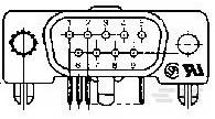 Steckverbinder-Diagramm mit durchnummerierten Pins und elektrischen Symbolen, zeigt Pinbelegung und Verbindungen.