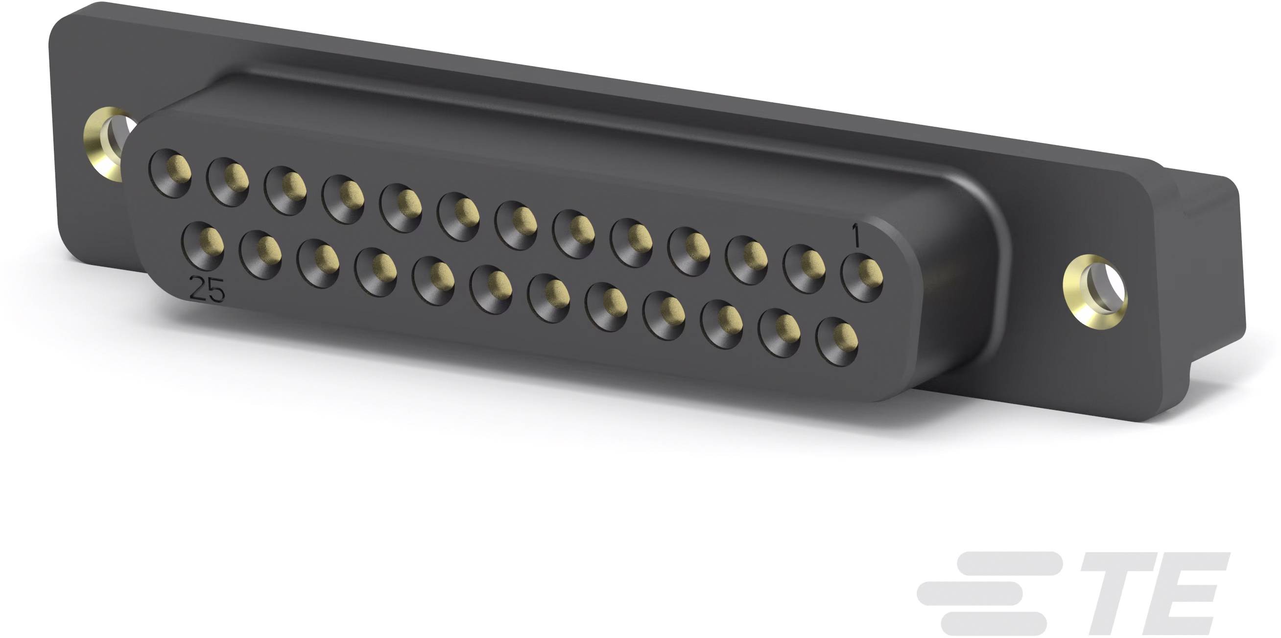 Schwarzer Steckverbinder mit mehreren Pins, rechteckige Form und TE-Logo. Geeignet für Daten- oder Stromverbindungen in Geräten.