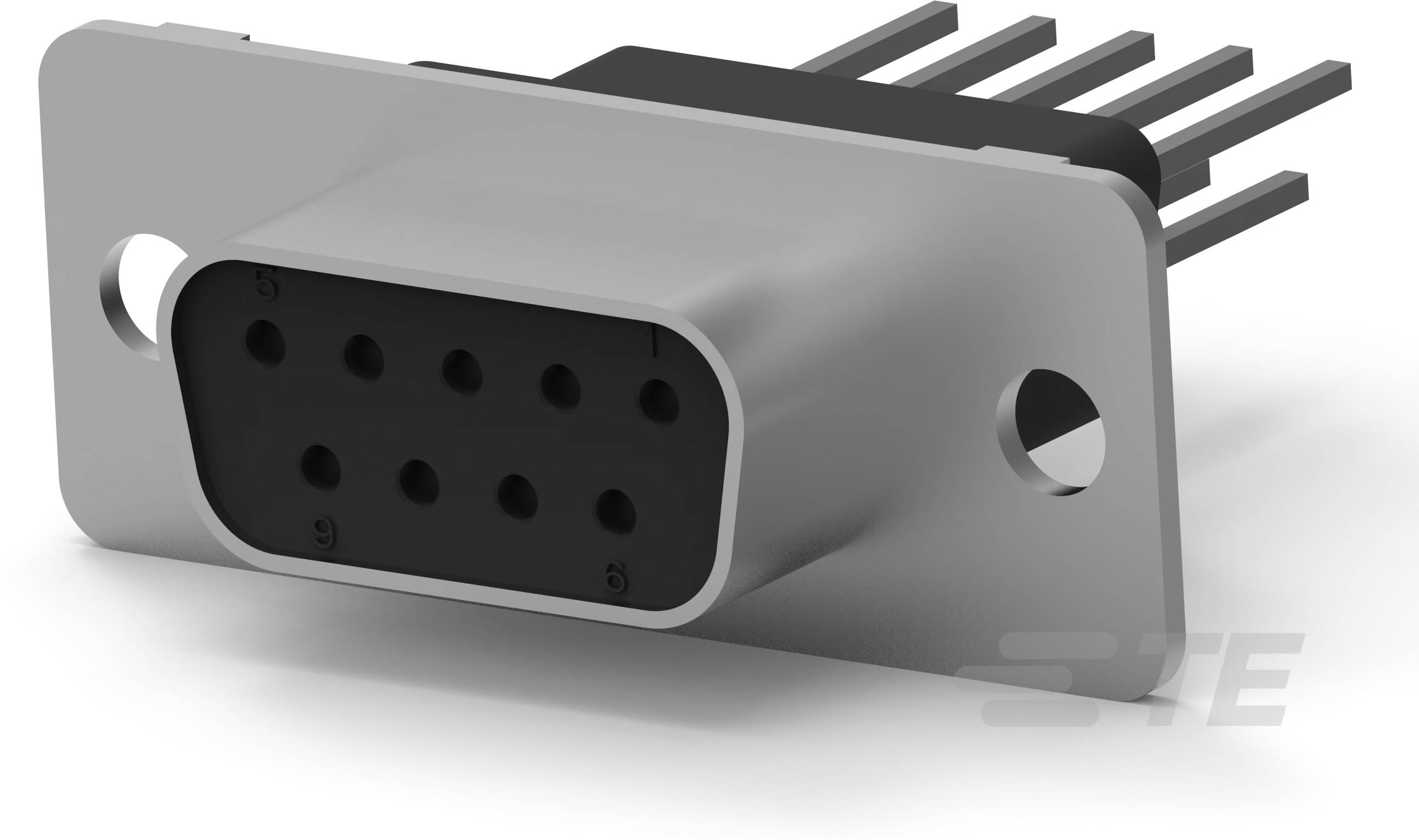 Neunteiliger D-Sub-Stecker mit Metallgehäuse, zwei Befestigungslöchern und sichtbaren Anschlusspins, für elektronische Verbindungen.