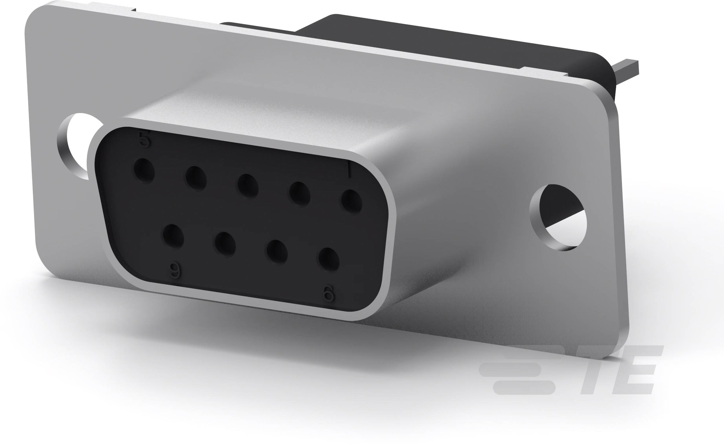 Silberner D-Sub-Stecker mit neun Löchern, montiert in einer rechteckigen Metallplatte, geeignet für serielle Verbindungen.