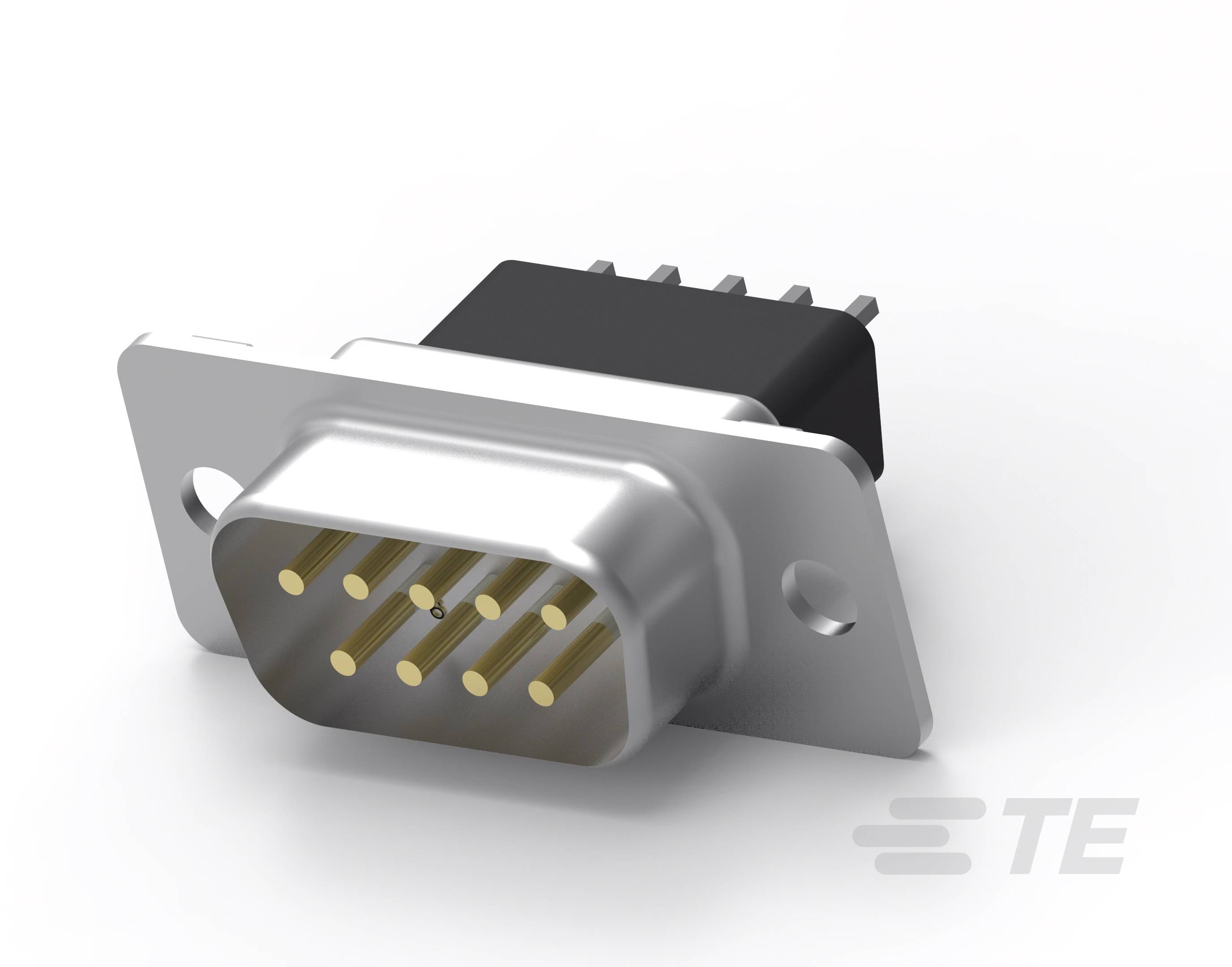 D-Sub-Steckverbinder mit Metallgehäuse und neun Pins, seitlich abgebildet. Geeignet für robuste elektrische Verbindungen.