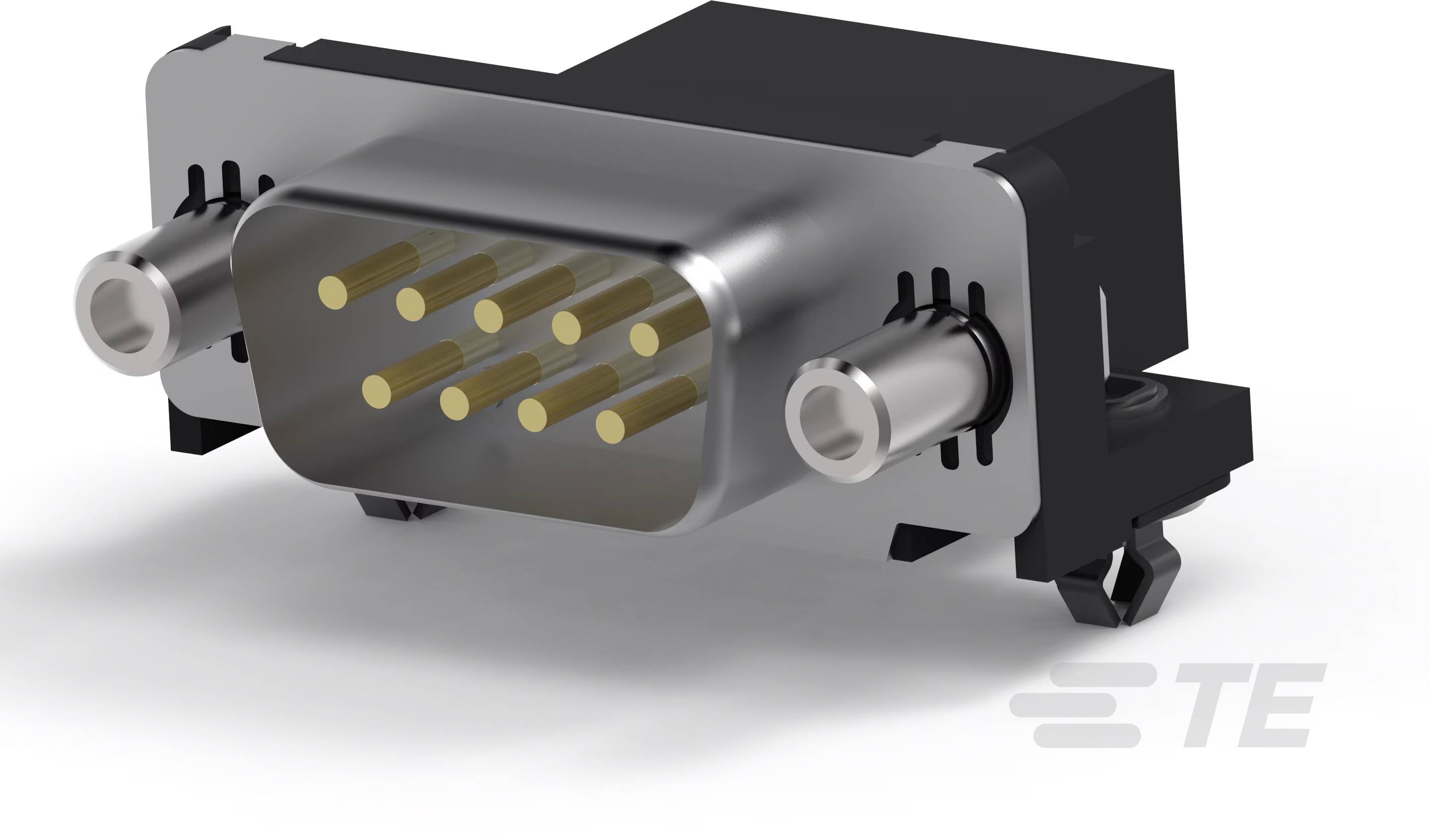Ein neunpoliger schwarzer Steckverbinder mit metallischen Kontakten und Schraubgewinden.ignet für elektronische Geräte.