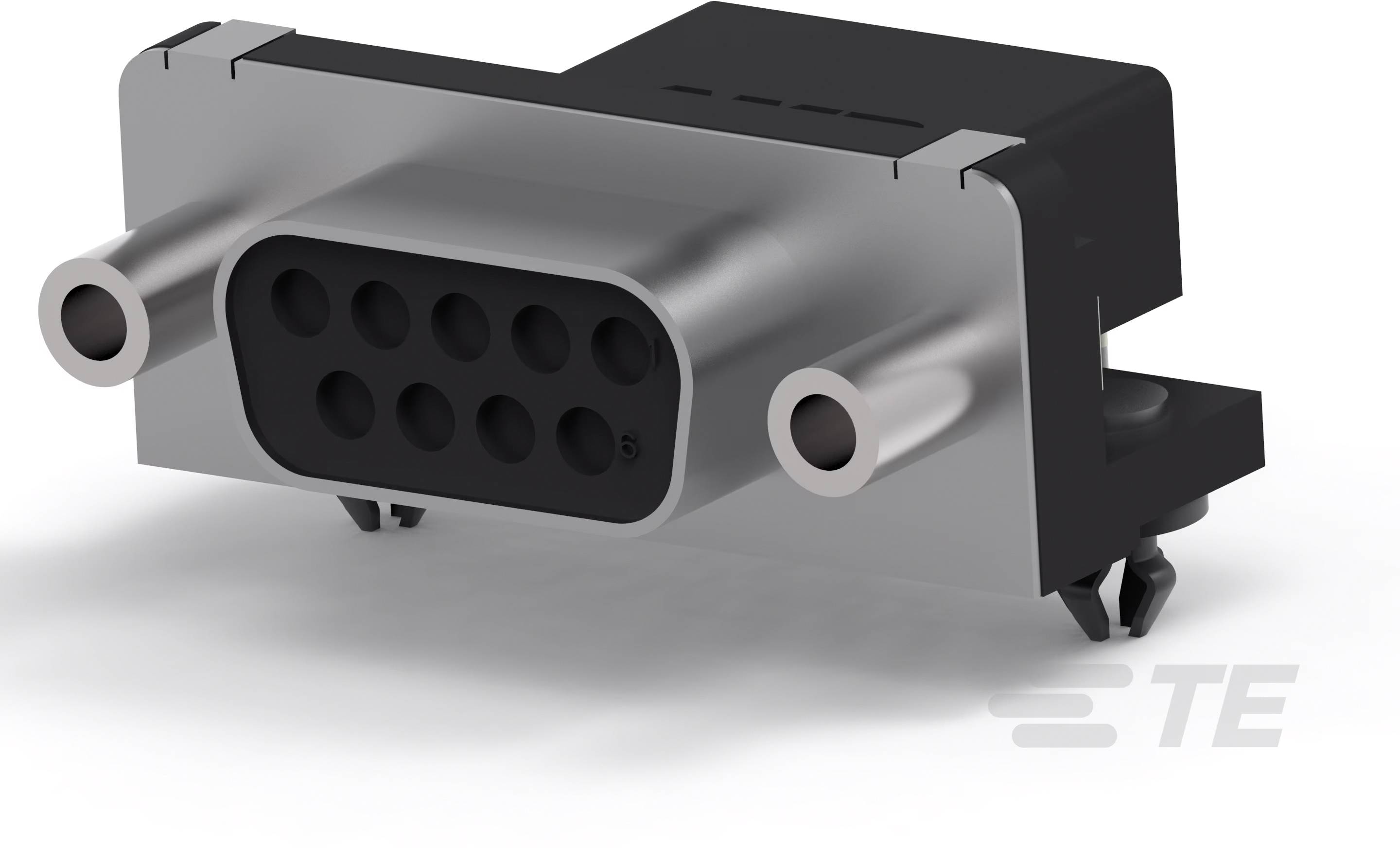 Schwarzer elektrischer Steckverbinder mit ovalen Metallstiften und rechteckiger Basis, vor weißem Hintergrund.