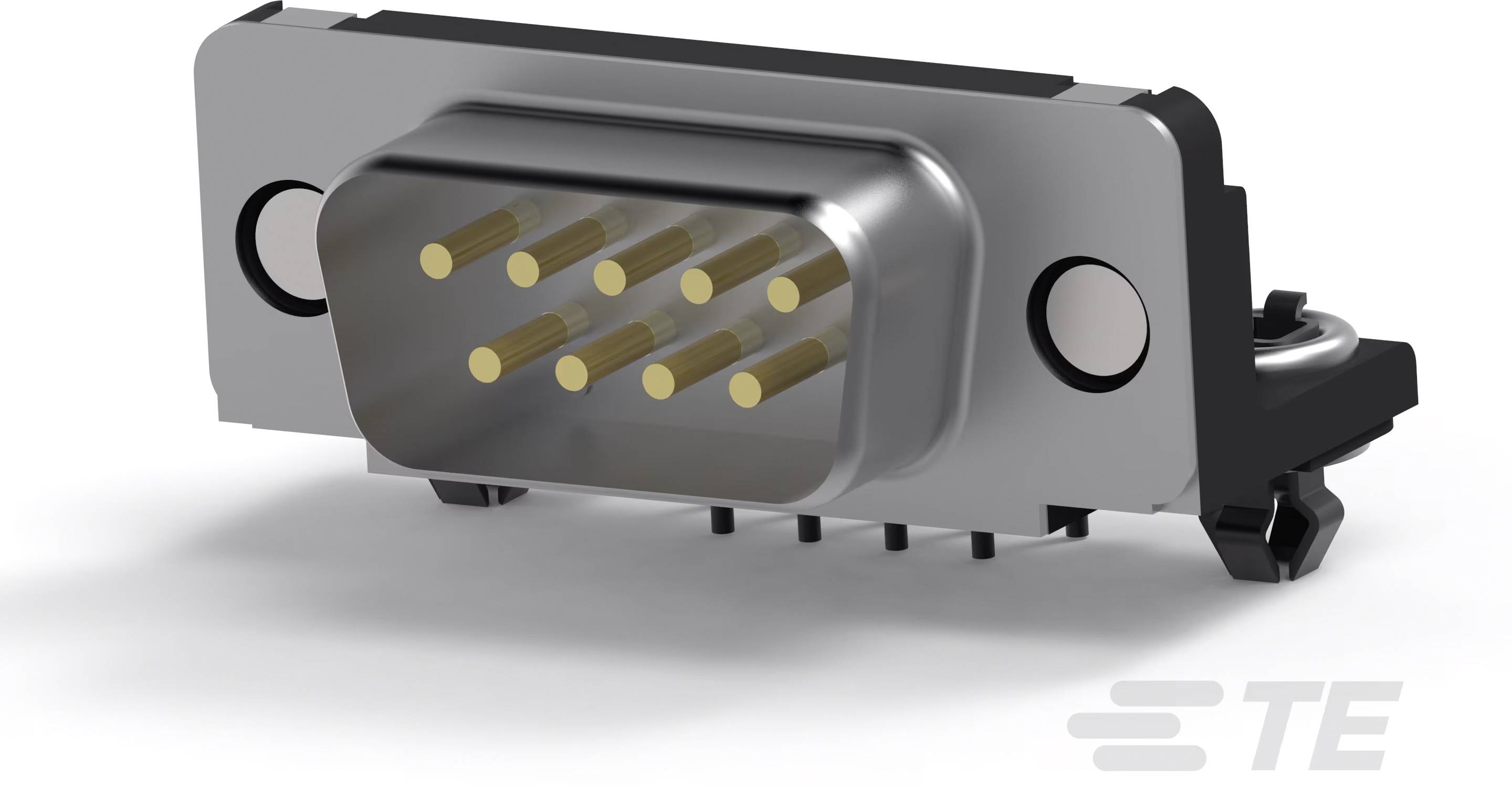 D-Sub-Steckverbinder mit 9 goldenen Pins, seitliche Montageklammern und TE-Logo. Ideal für elektronische Verbindungen und Geräte.