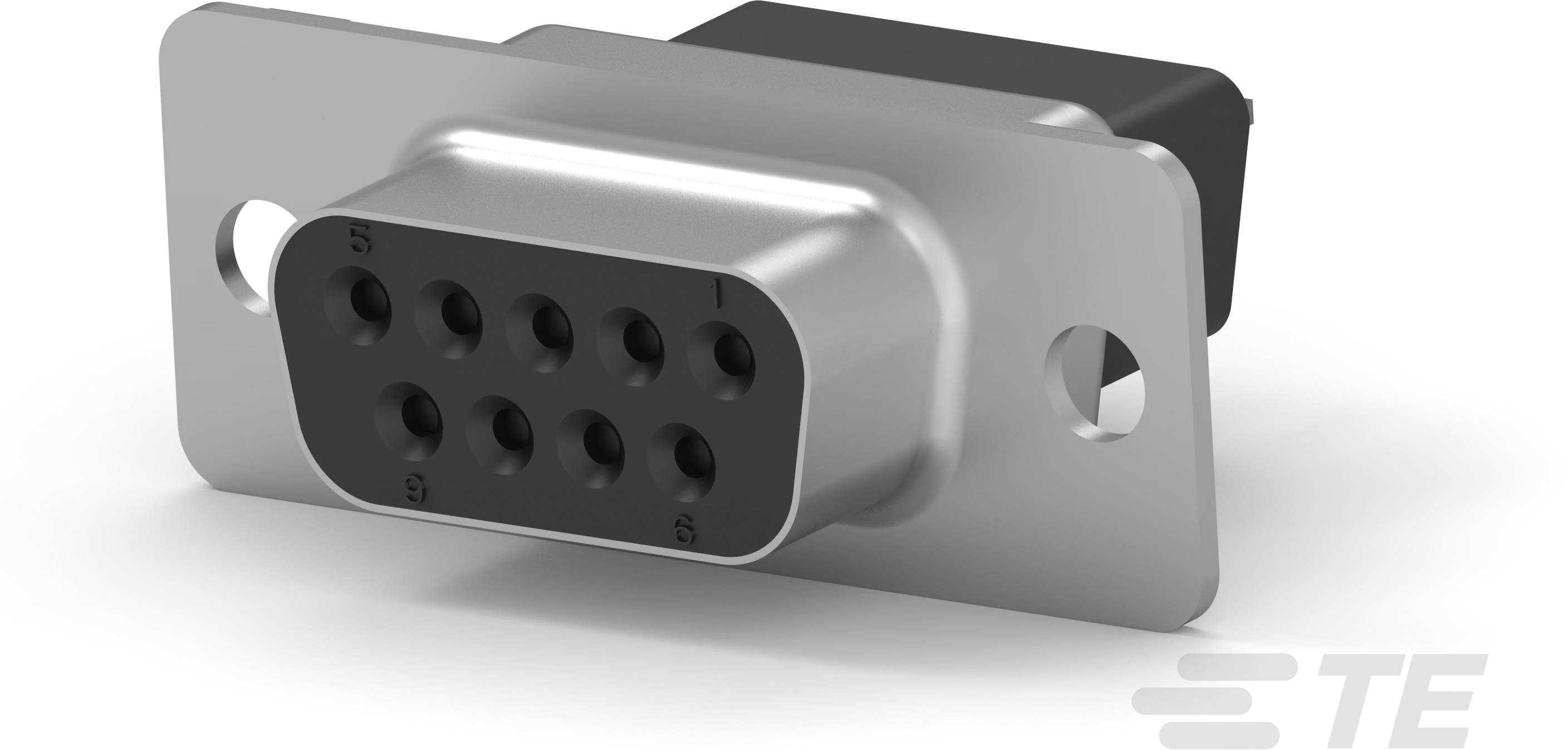 Ein schwarzer, 9-poliger D-Sub-Stecker mit silbernem Gehäuse, zur Wandmontage. Gekennzeichnet mit Nummern und Buchstaben für Pins.