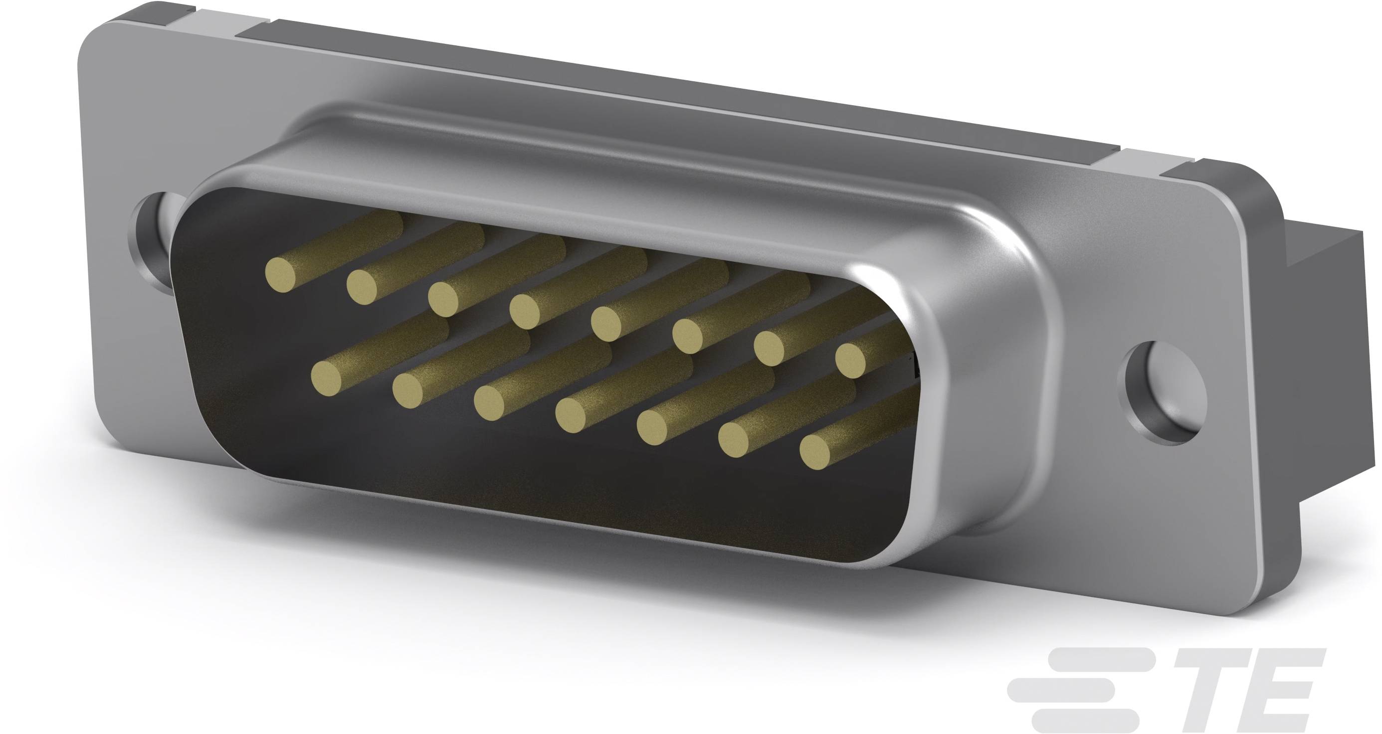 Metallischer Steckverbinder mit 15 goldfarbenen Stiften in zwei Reihen, montiert auf einem rechteckigen Gehäuse mit seitlichen Schraublöchern.