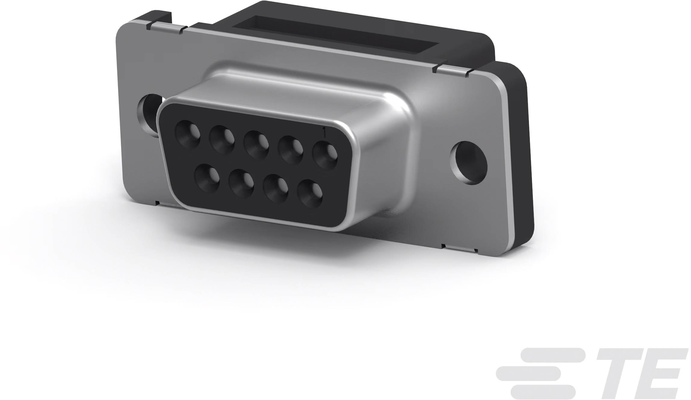 Neunteiliges D-Sub-Steckverbindergehäuse aus Metall, Frontansicht, ohne befestigte Kabel.