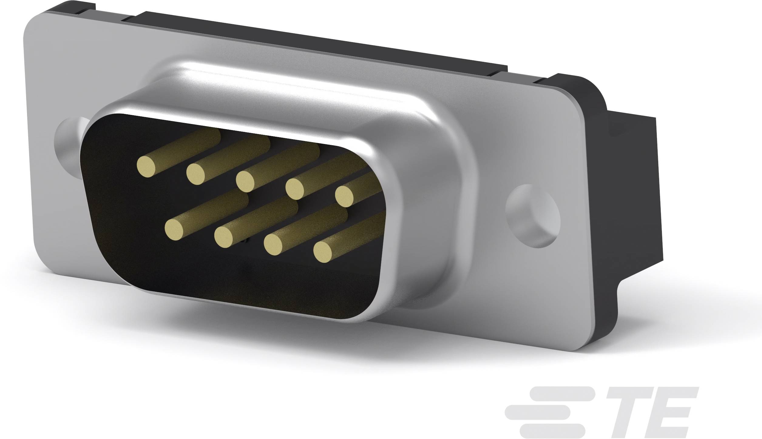 Ein neunpoliger D-Sub-Stecker mit sichtbaren Metallstiften, montiert auf einer rechteckigen Metallplatte.