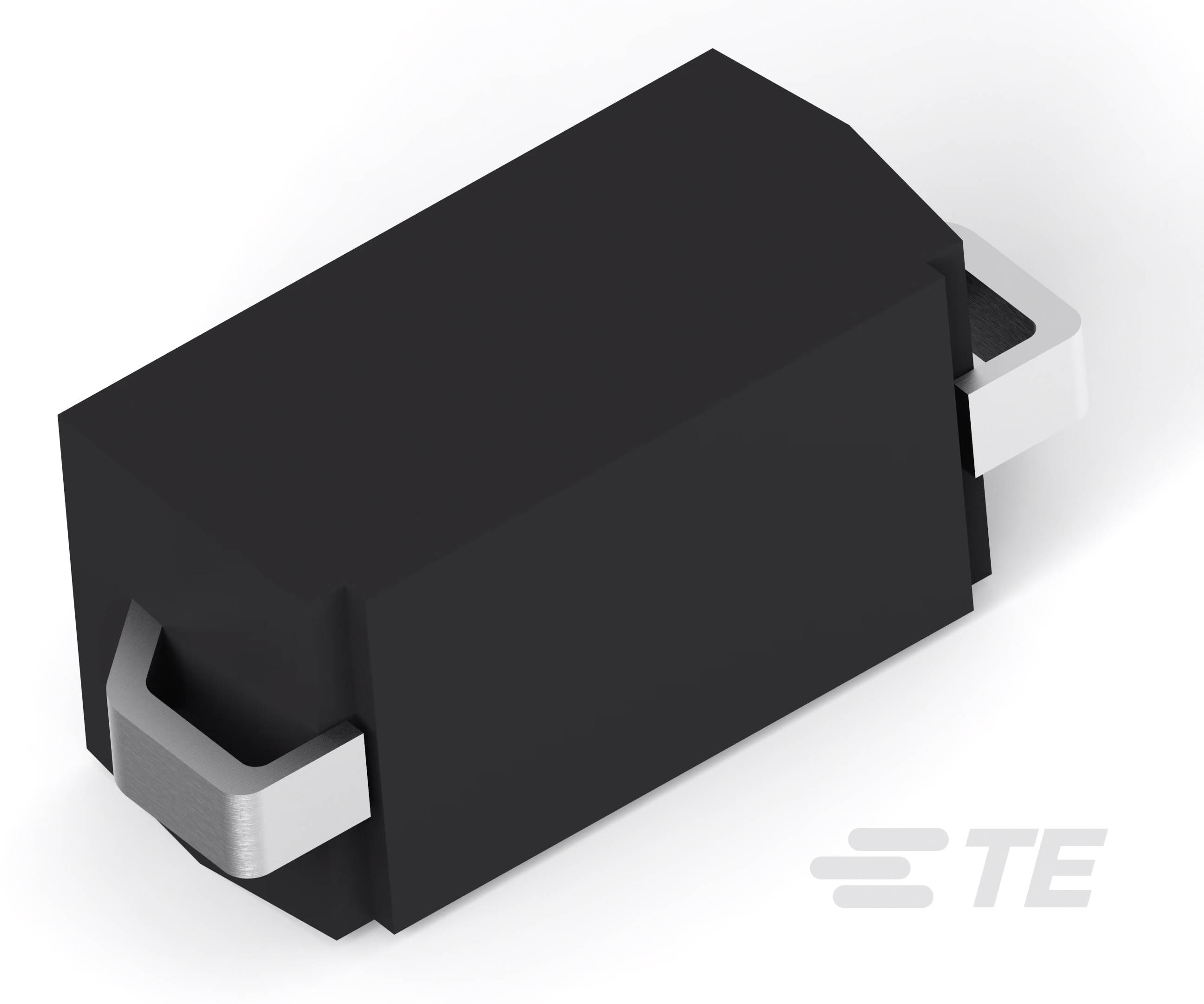 Schwarzes, rechteckiges elektronisches Bauelement mit zwei Metallanschlüssen an den Enden, auf weißem Hintergrund.