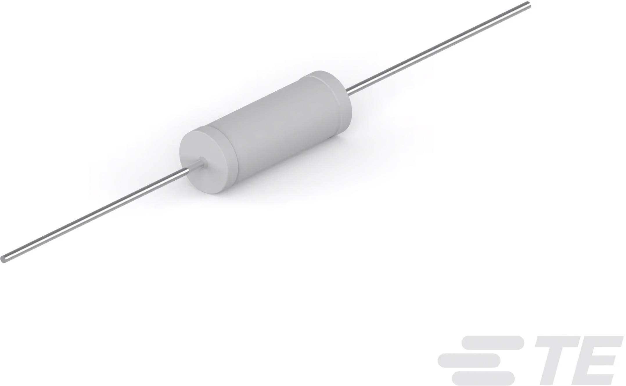 Elektronischer Zylinderkondensator mit zwei Anschlussdrähten, grau, auf weißem Hintergrund.