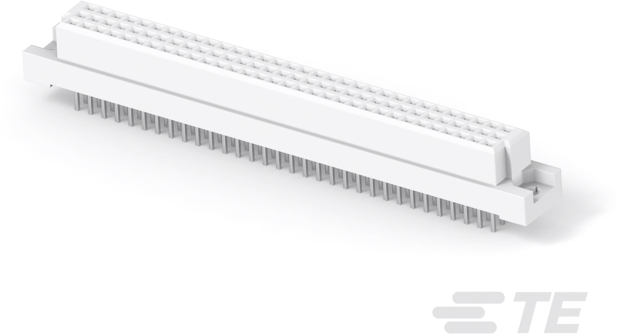 Ein weißer elektrischer Steckverbinder mit vielen Pins. Das TE-Logo ist in der unteren rechten Ecke sichtbar.