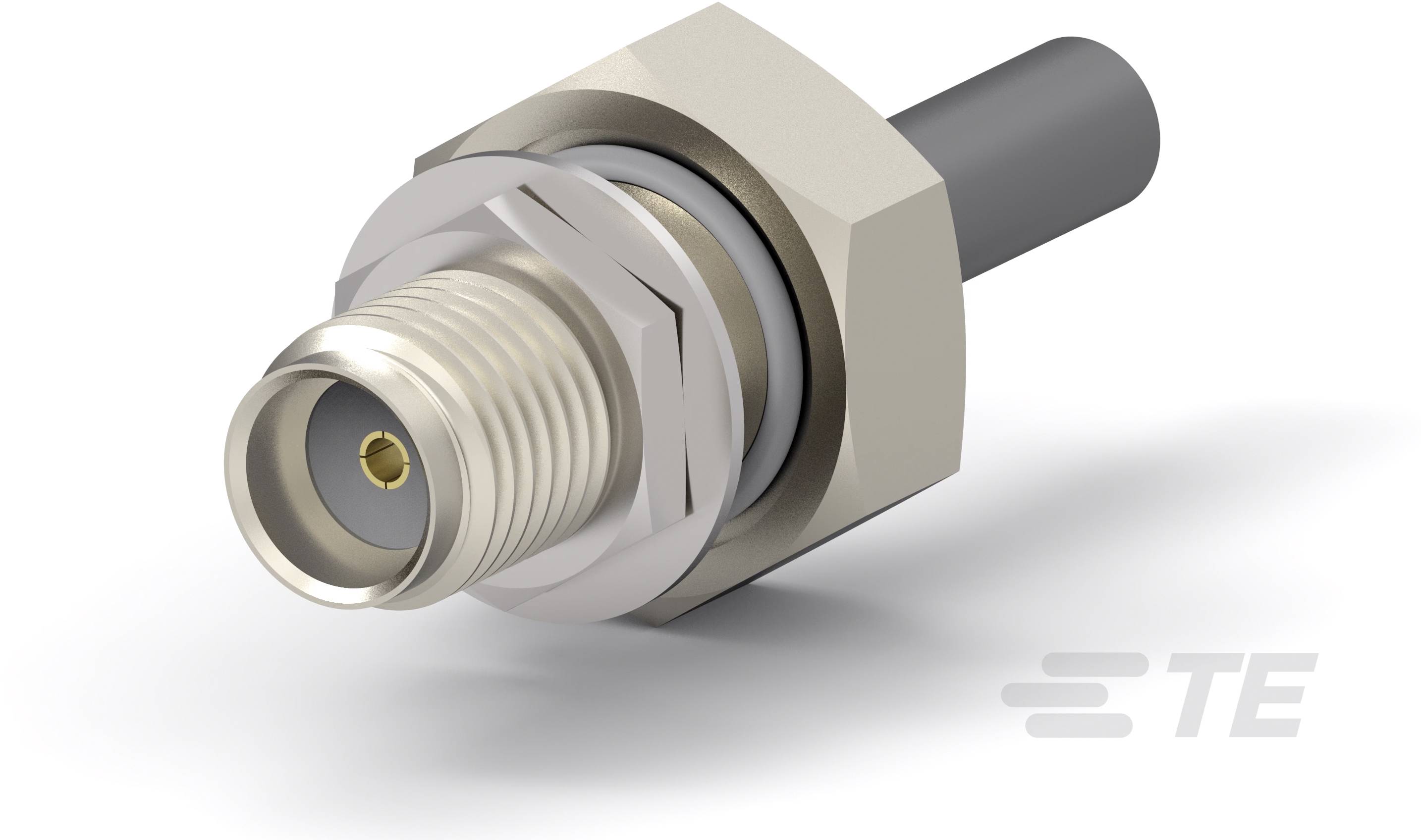 Ein koaxialer Steckverbinder mit Metallgehäuse und Schraubgewinde, geeignet für Hochfrequenz-Anwendungen.