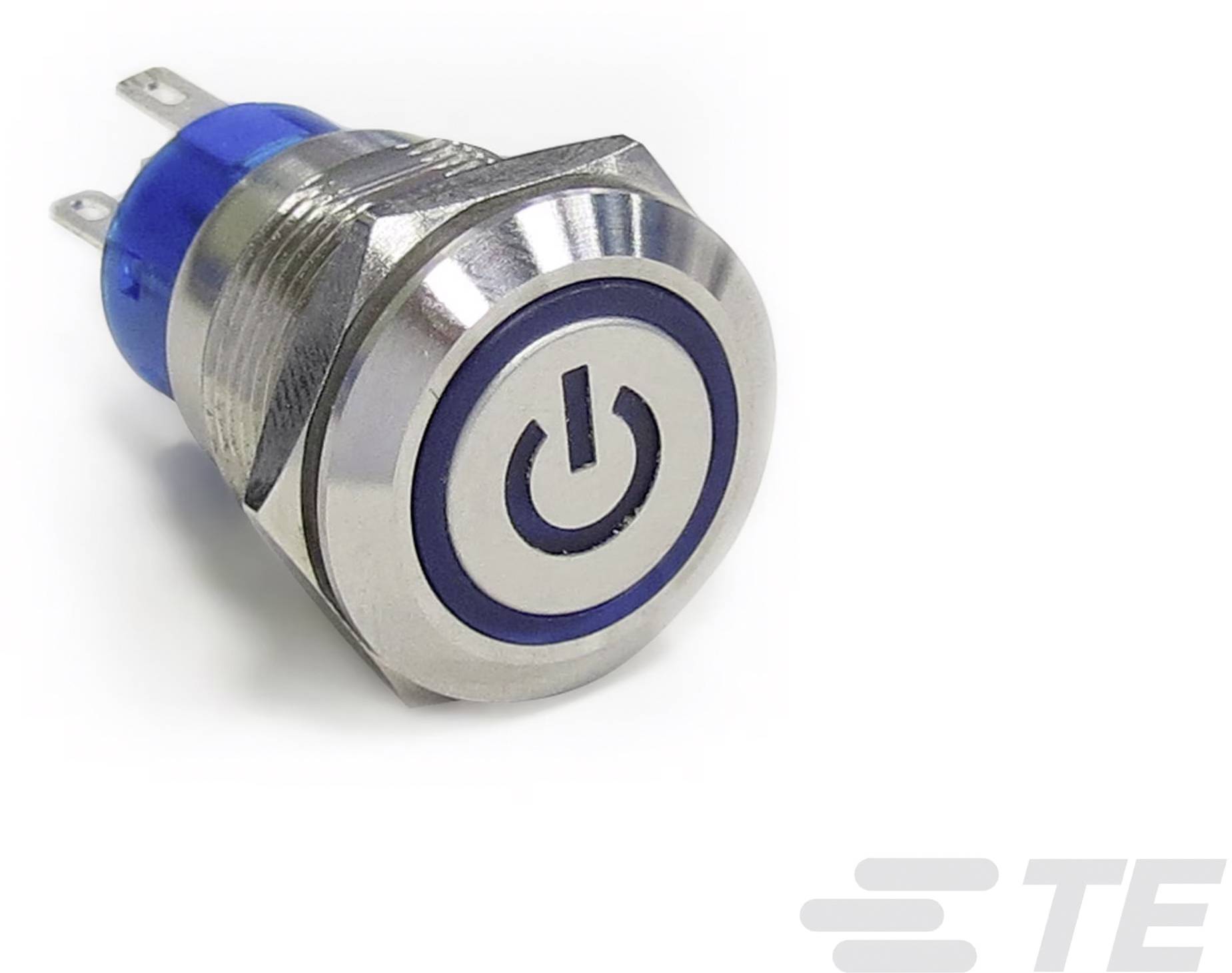 Ein runder Metallknopf mit einem Power-Symbol in der Mitte, das auf einem blauen Ring sitzt.