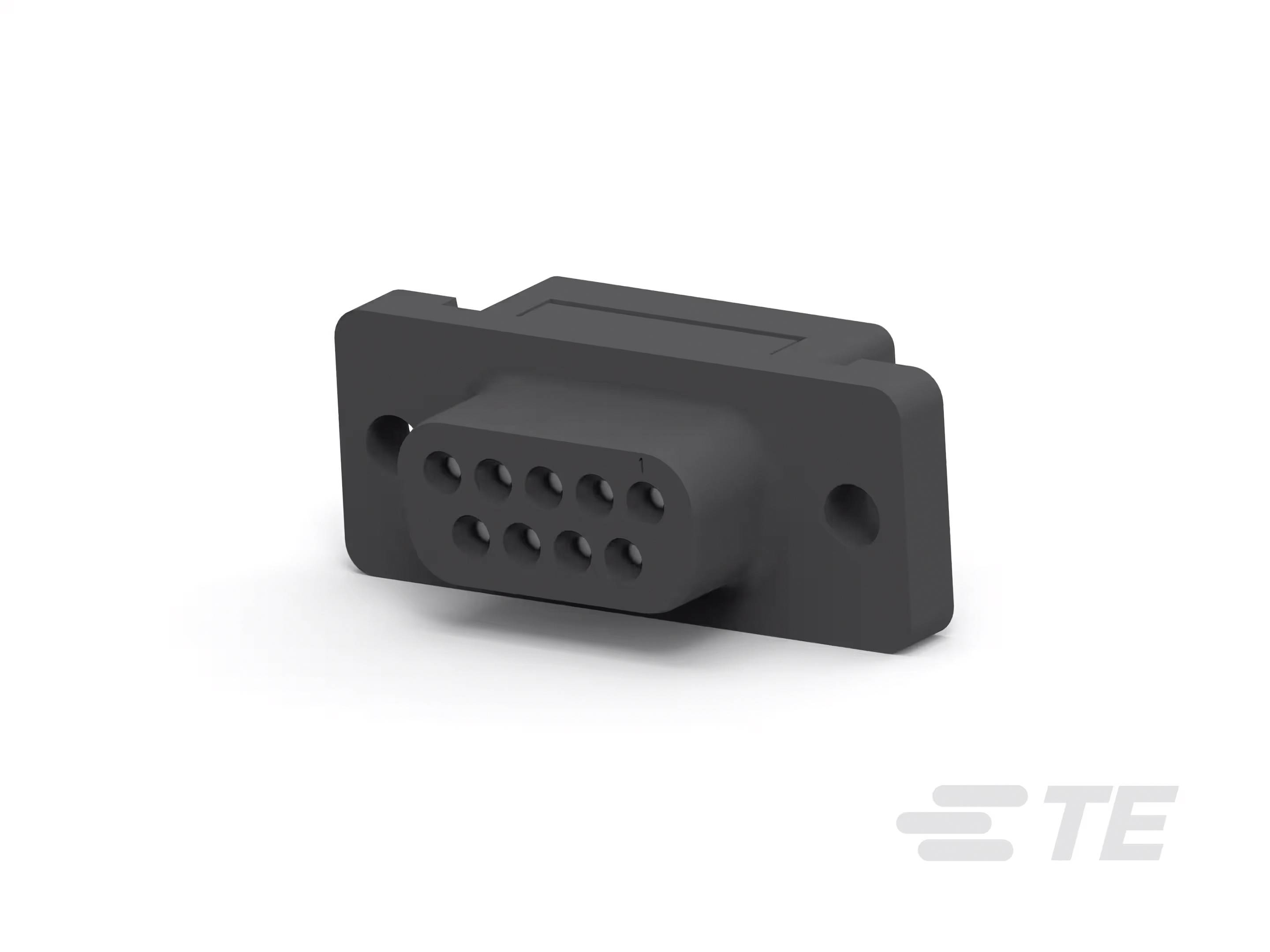 Schwarzer D-Sub Stecker mit neun Pins von TE Connectivity.