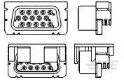 Illustration von Steckverbindern mit verschiedenen Ansichten: Oben- und Seitenansicht zeigen Details der Steckmechanismen.