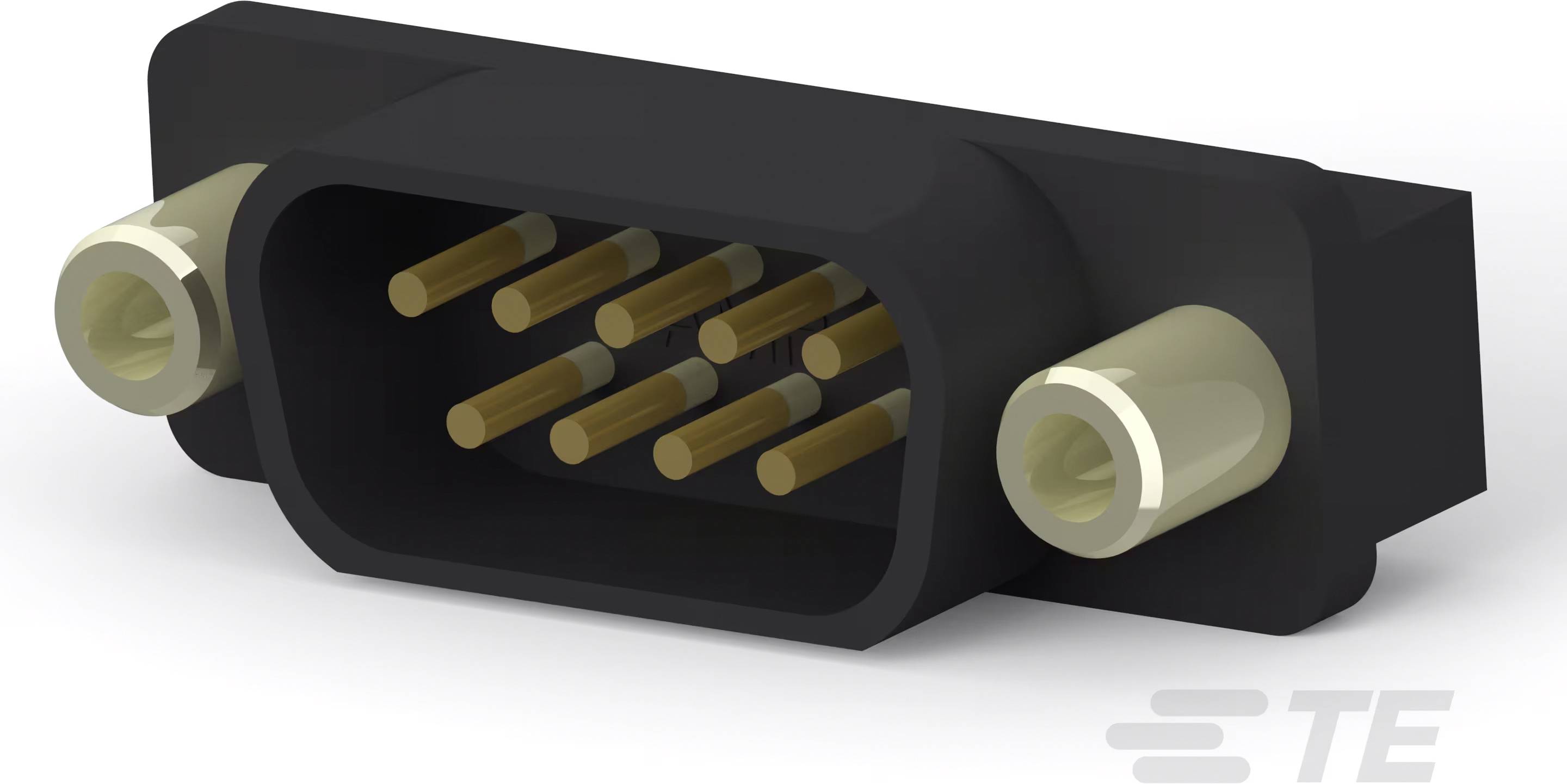 Ein rechteckiger elektrischer Steckverbinder mit neun goldenen Stiften und zwei metallischen Befestigungen an den Seiten.