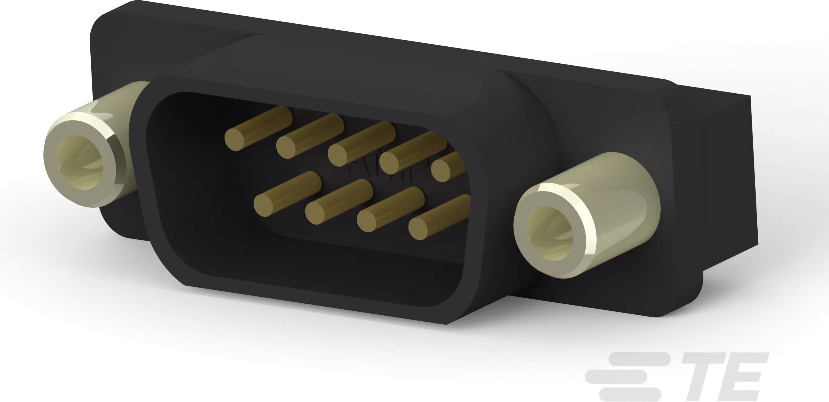 Schwarzer Steckverbinder mit mehreren goldfarbenen Pins. Geeignet für elektronische Geräte. Markierung 'TE' in der Ecke.