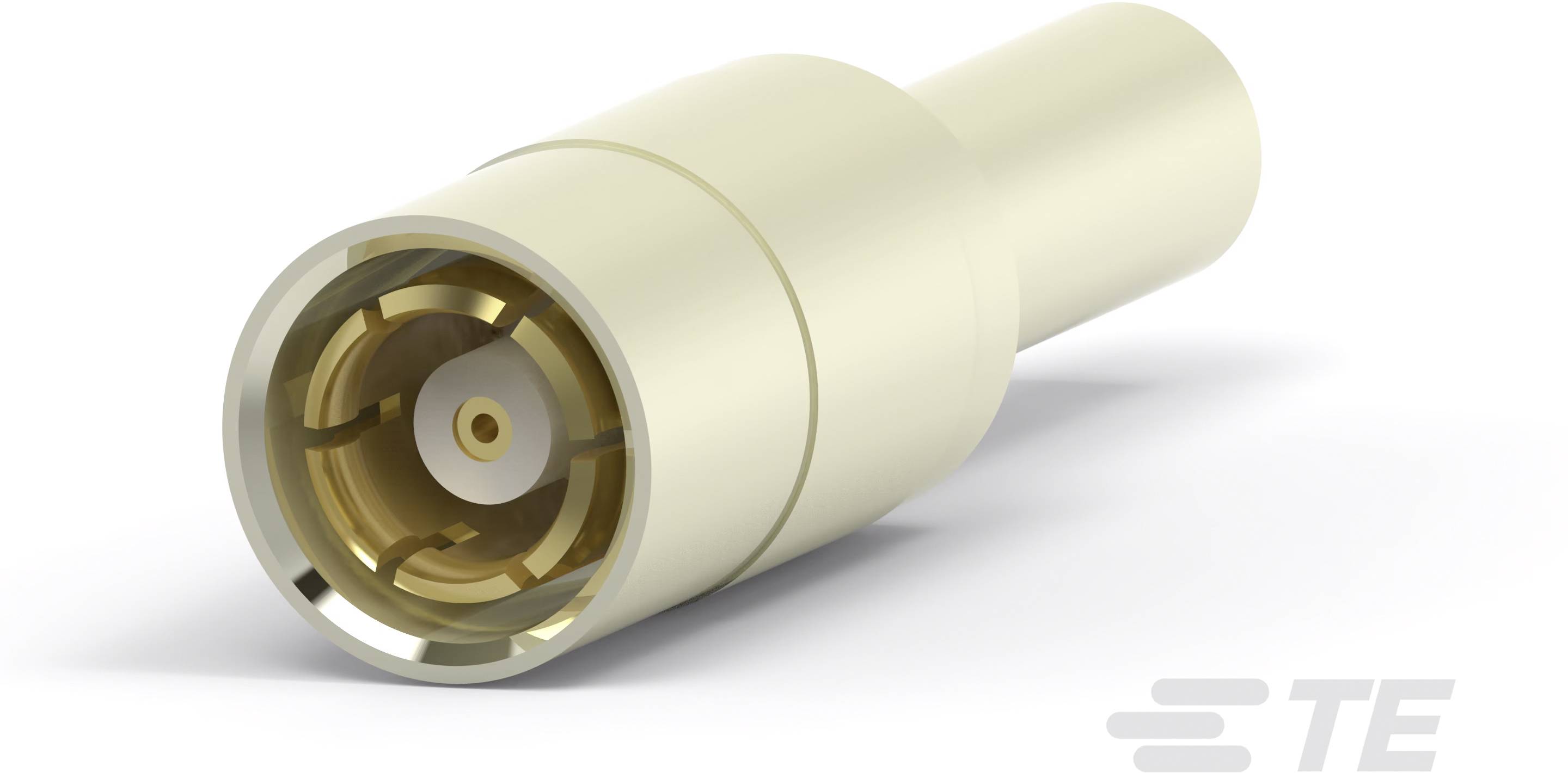 Ein goldfarbener Steckverbinder, wahrscheinlich für elektronische Anwendungen. Er hat einen runden Anschluss mit metallischer Oberfläche.