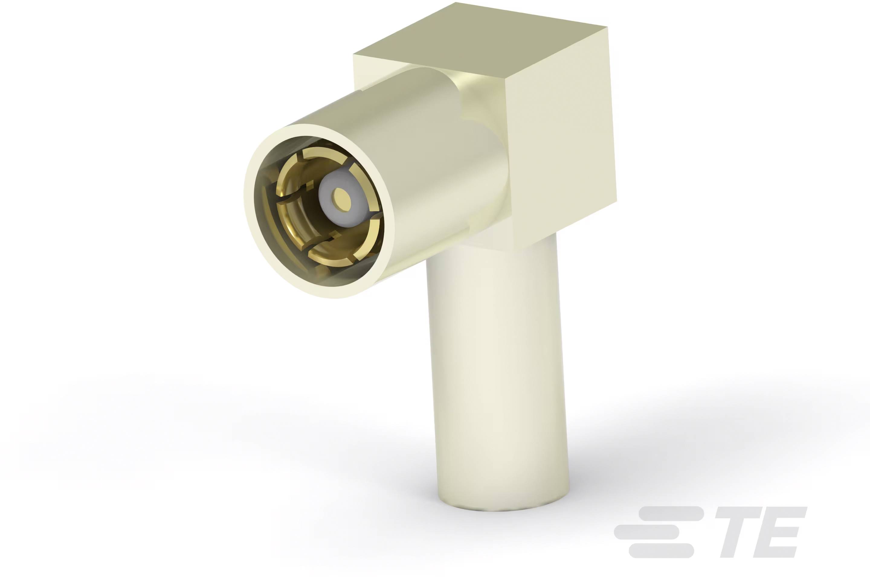 Ein Koaxialstecker in abgewinkelter Form, beige Gehäuse mit goldfarbenem Anschluss im Inneren, geeignet für elektronische Verbindungen.