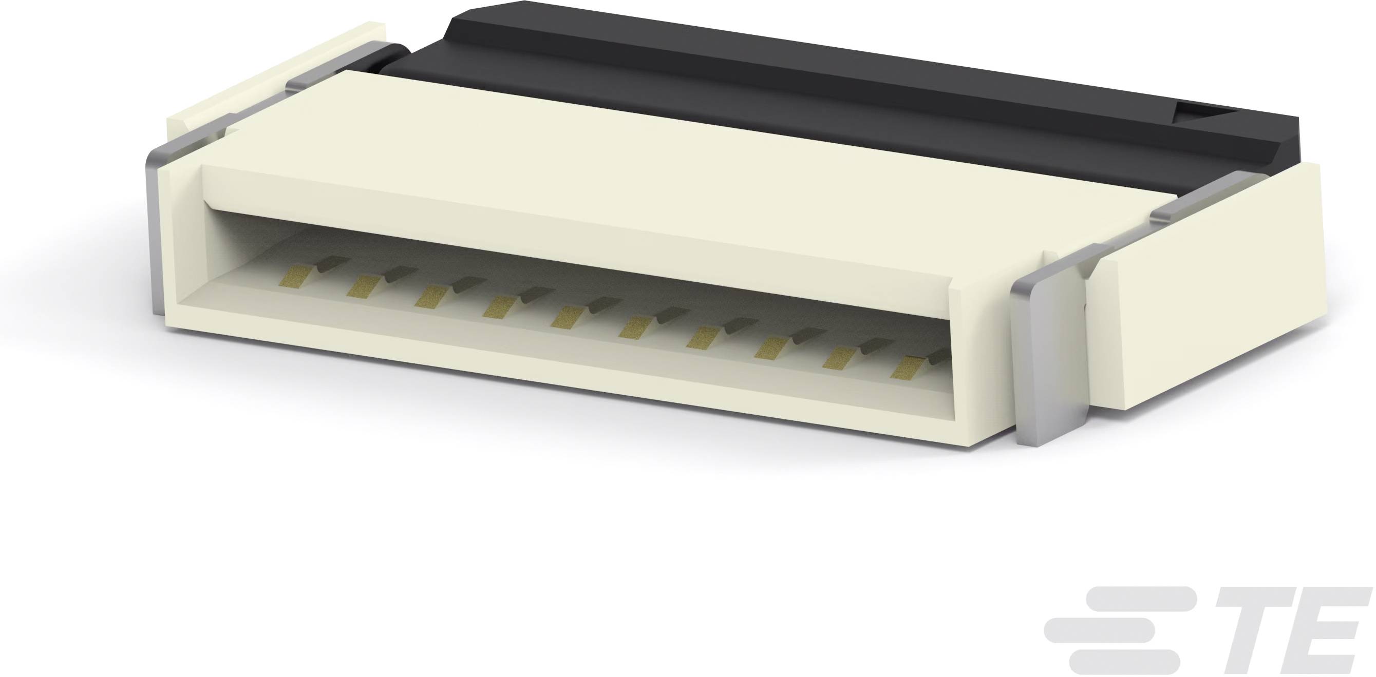 Flacher, rechteckiger elektronischer Stecker mit mehreren goldenen Kontaktstiften. Design von TE Connectivity.