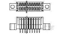 Diagramm eines elektrischen Steckverbinders mit mehreren Pins und Befestigungslöchern. Obere Ansicht zeigt Anschlussdetails.