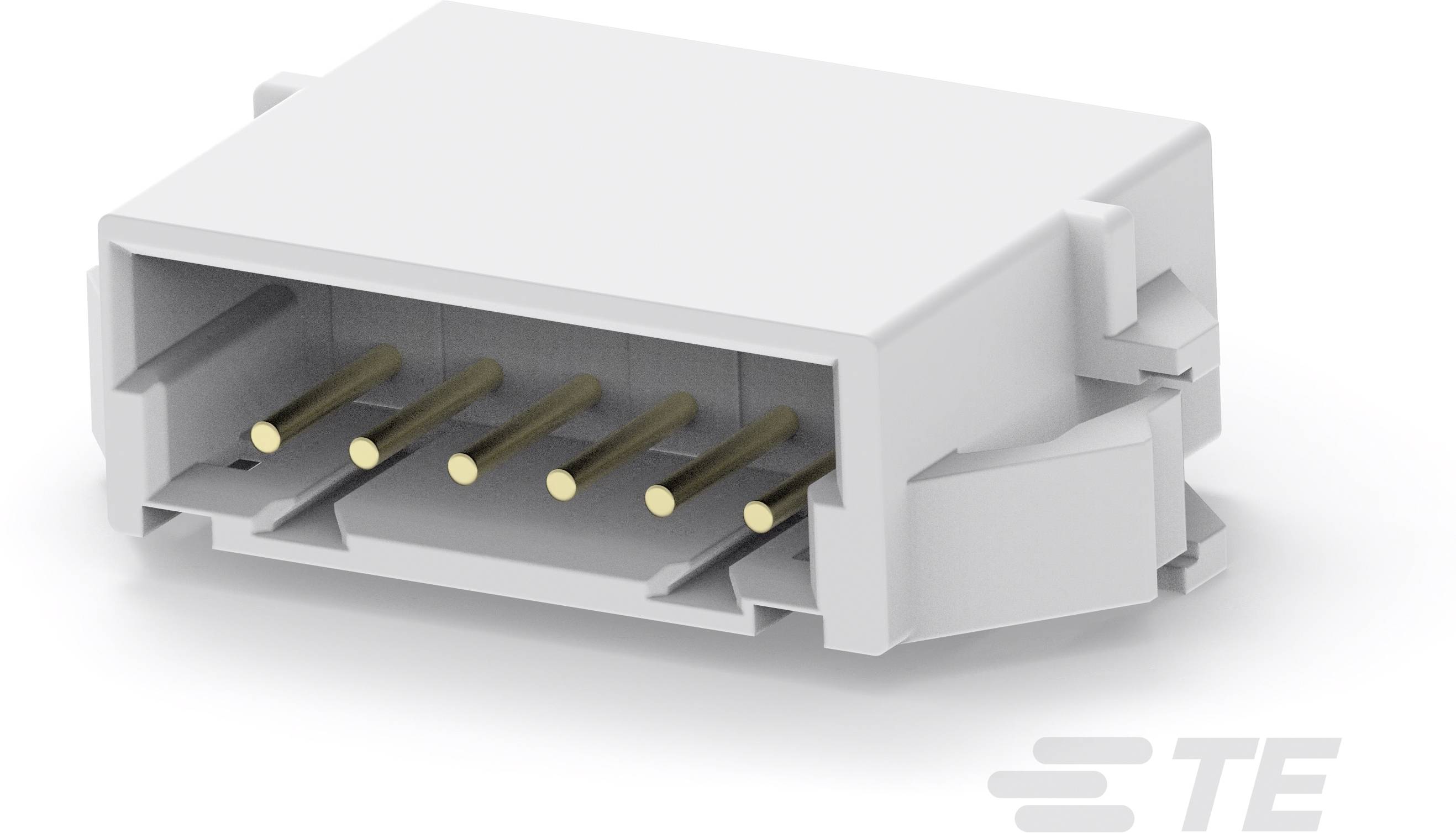 Ein weißer elektrischer Stecker mit sechs goldenen Stiften, seitlich abgebildet. Eignet sich für elektronische Verbindungen.