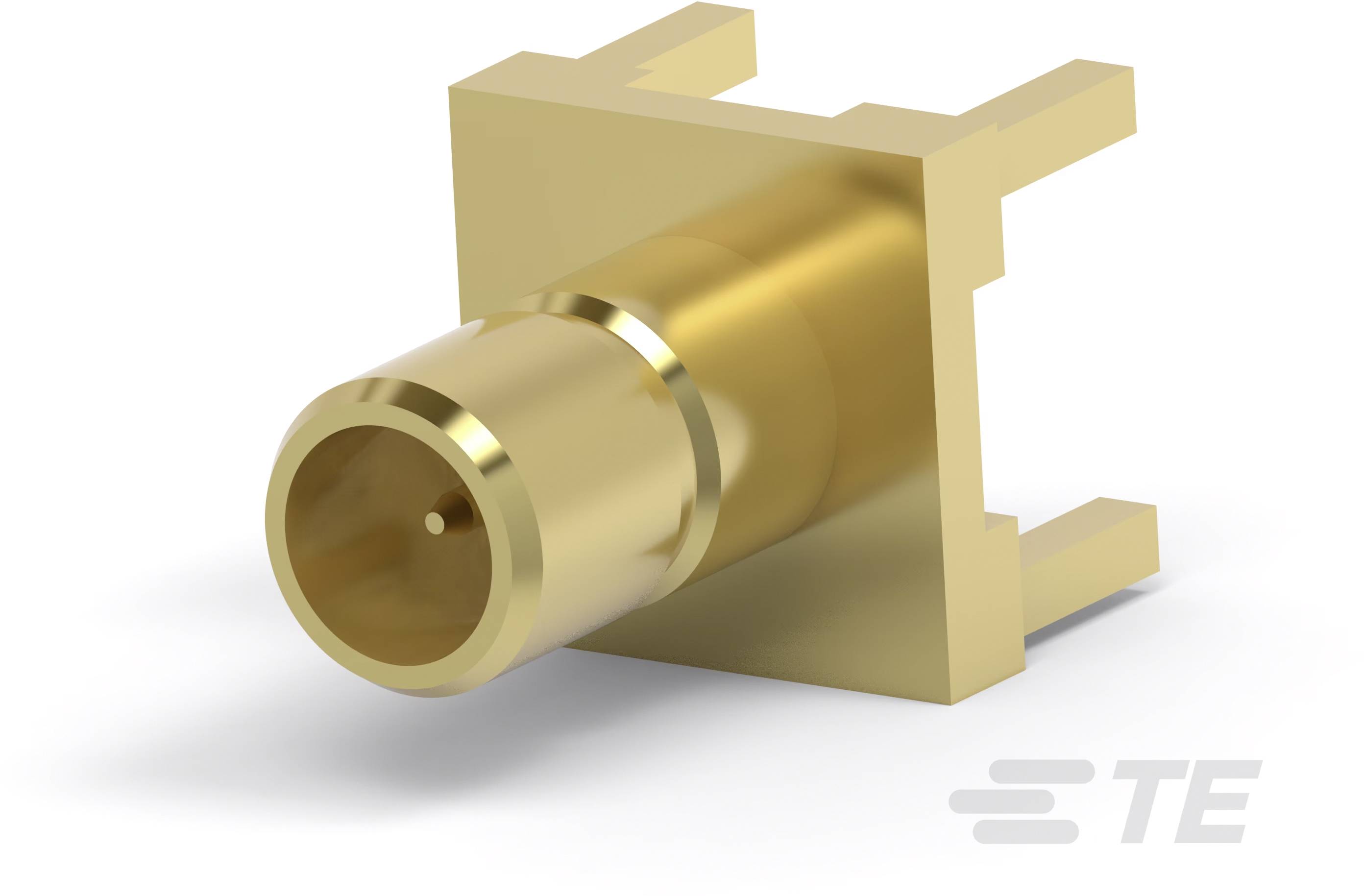 Ein goldener Koaxialstecker mit einem quadratischen Flansch und zwei Befestigungsklammern. Markenlogo in der Ecke sichtbar.