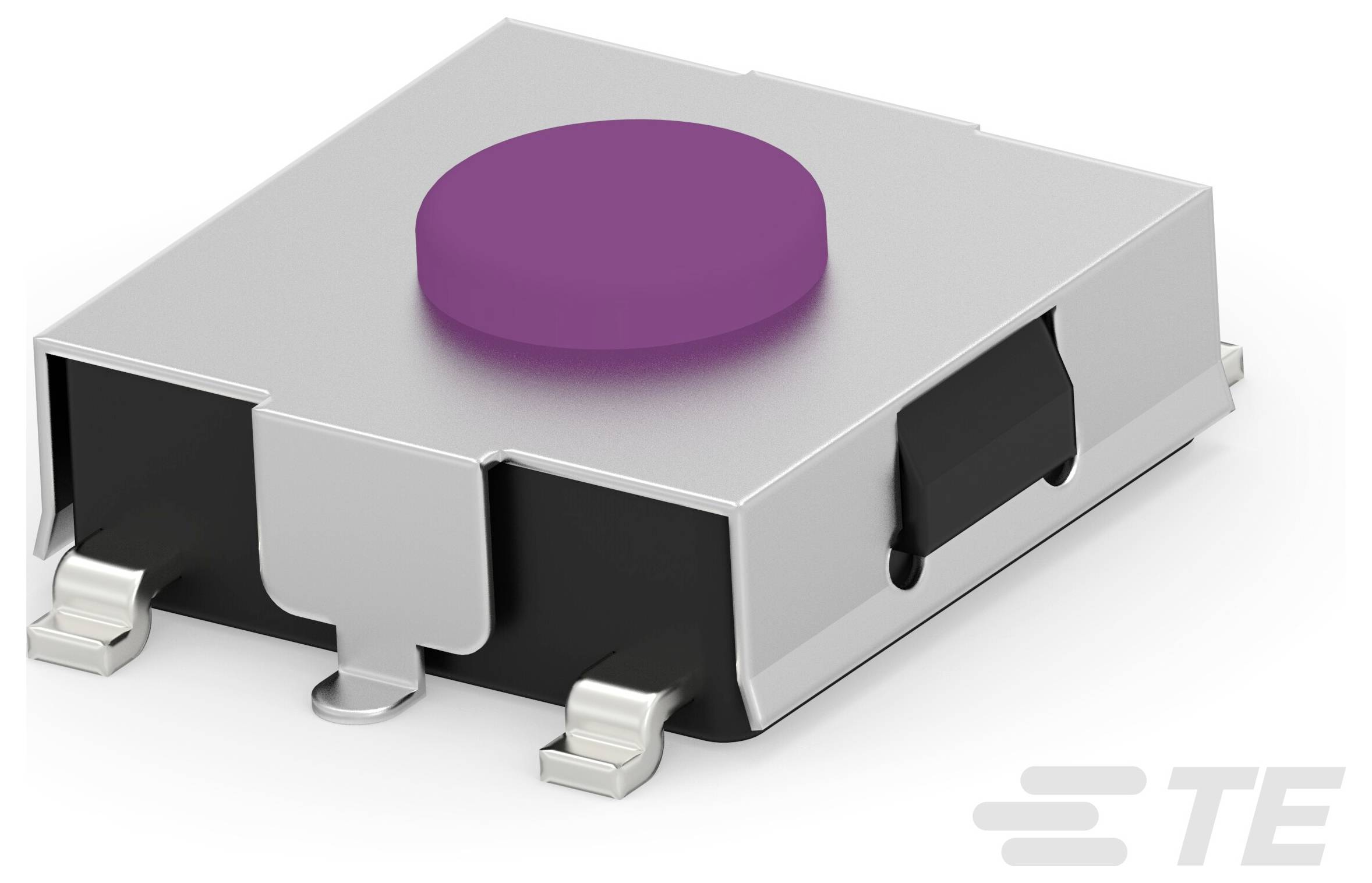 Eine Nahaufnahme einer kleinen, rechteckigen, metallischen elektronischen Komponente mit einem violetten runden Knopf, die für elektronische Schaltanwendungen verwendet wird.
