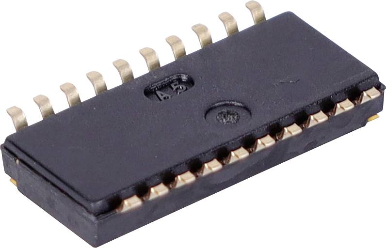 Ein schwarzer integrierter Schaltkreis mit mehreren Metallpins, der typischerweise in elektronischen Geräten zur Informationsverarbeitung verwendet wird.