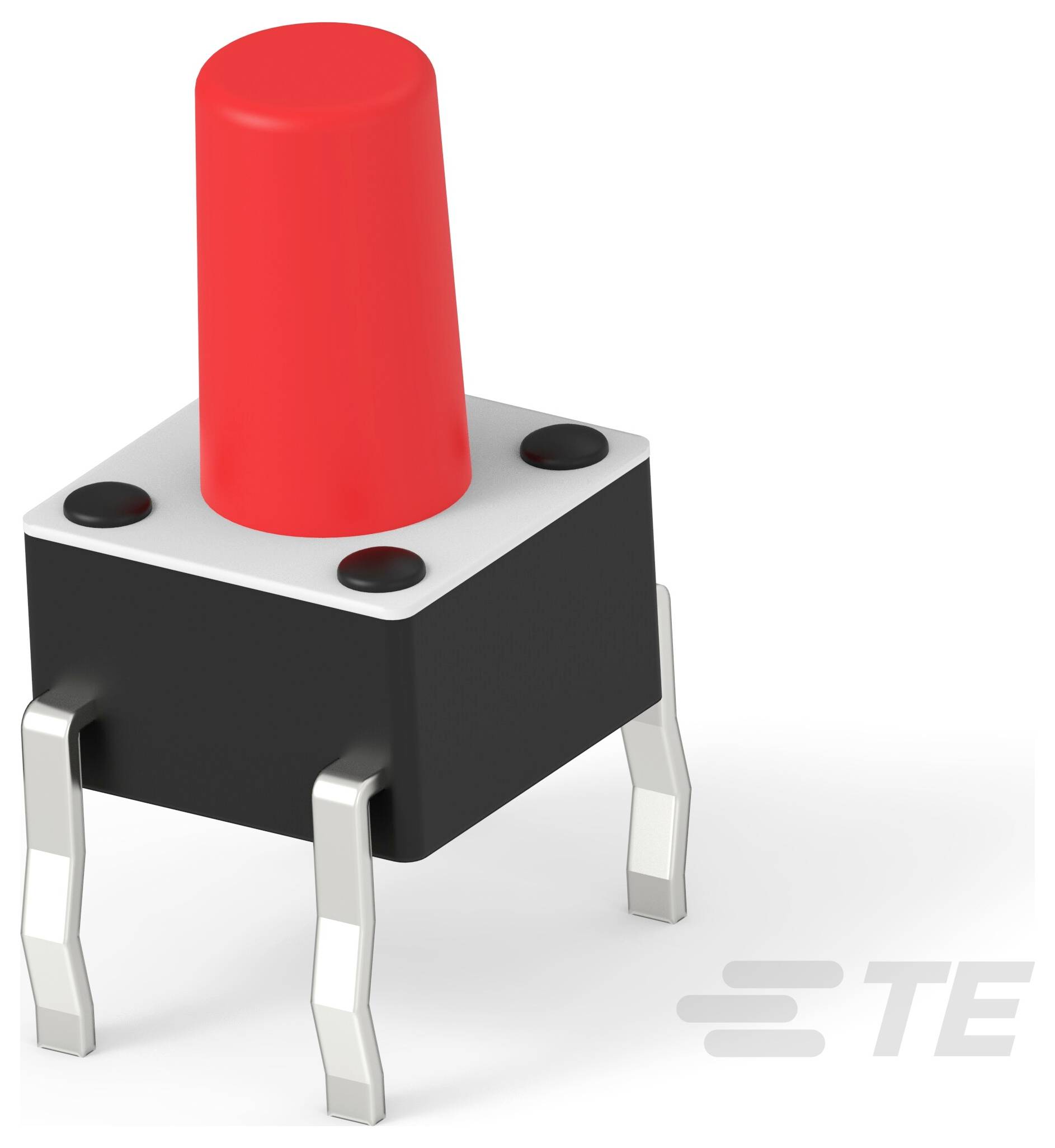 Ein roter Druckschalter mit quadratischer Grundfläche und vier Metallstiften zur Montage auf Leiterplatten.