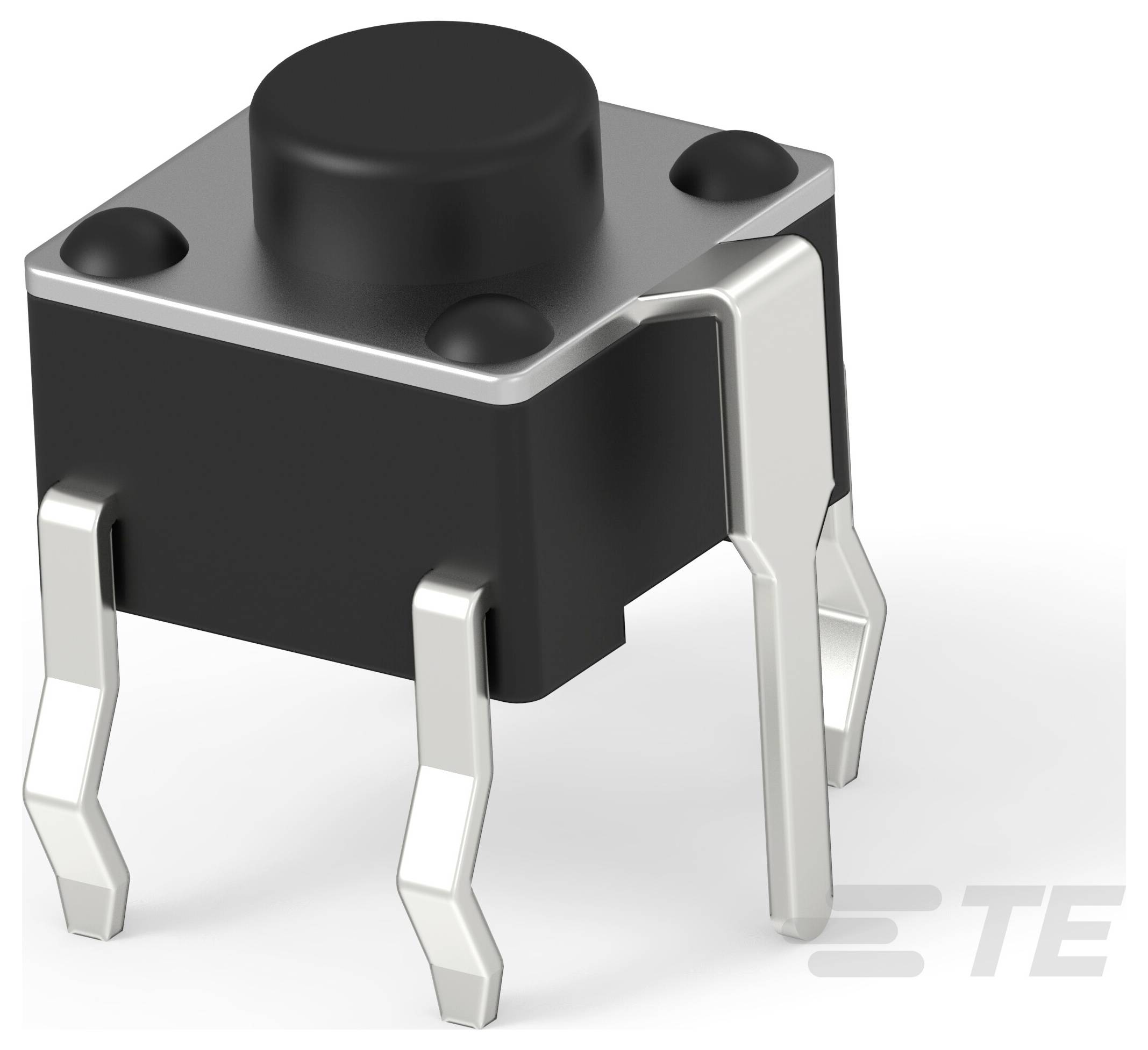 Ein taktiler Schalter mit vier Metallstiften, verwendet in der Elektronik zur Eingabesteuerung.