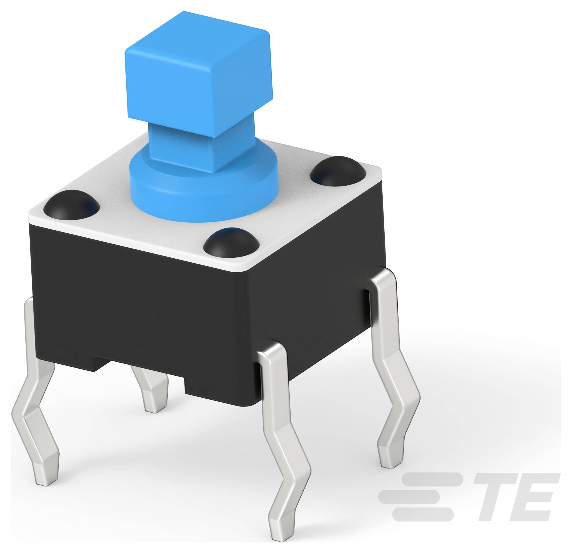 Tastschalter mit blauem Betätigungselement, schwarzer Basis und Metallbeinen, verwendet für elektronische Geräte, hergestellt von TE Connectivity.