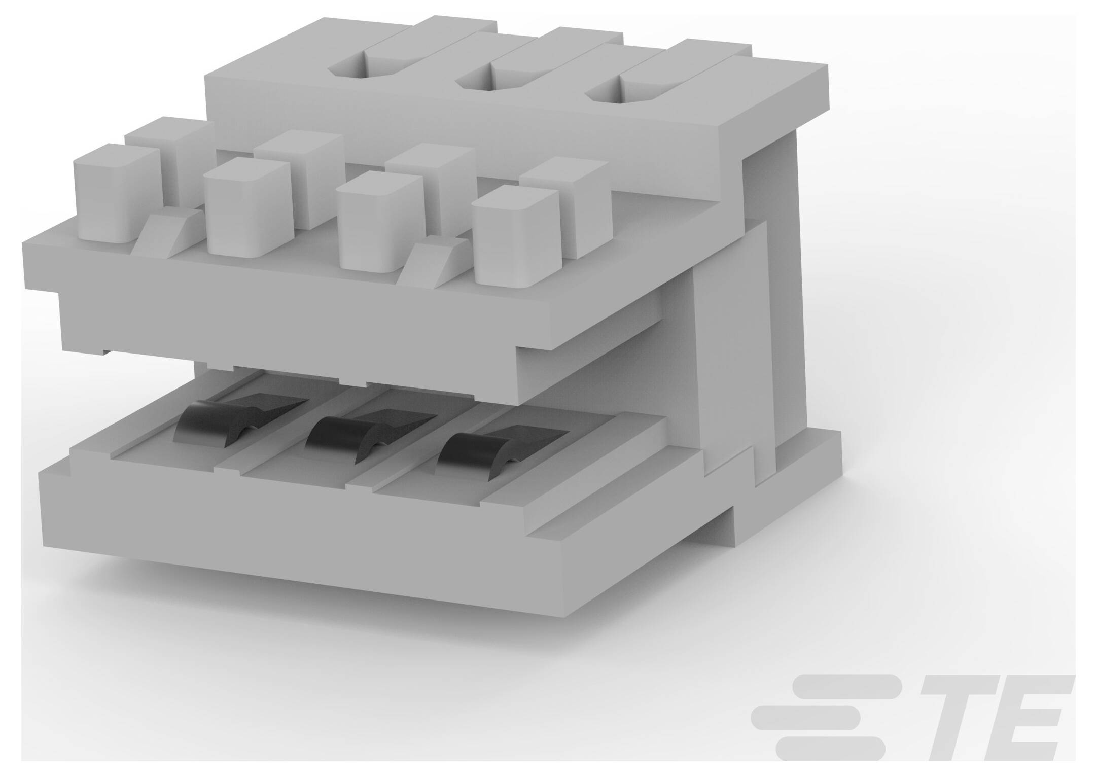 Ein 3D-Modell einer grauen TE Connectivity elektronischen Komponente mit einer blockartigen Struktur, die Schlitze und Steckverbinder zeigt.