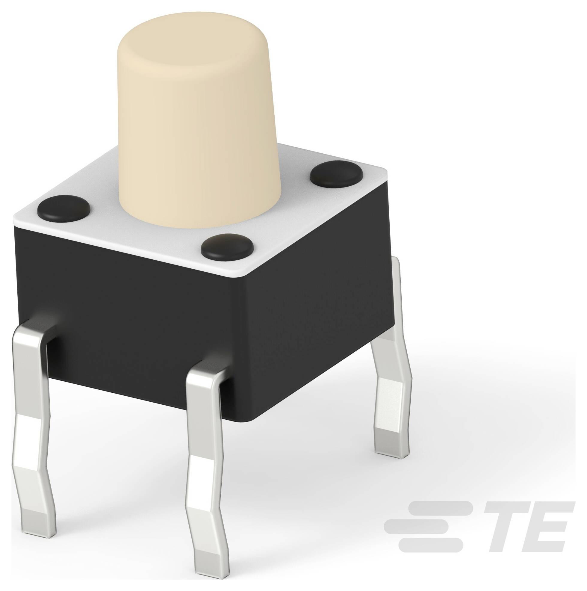 Taktiler Schalter mit vier Metallbeinen und einem beigen Knopf, der in elektronischen Geräten verwendet wird. TE-Logo unten rechts vorhanden.