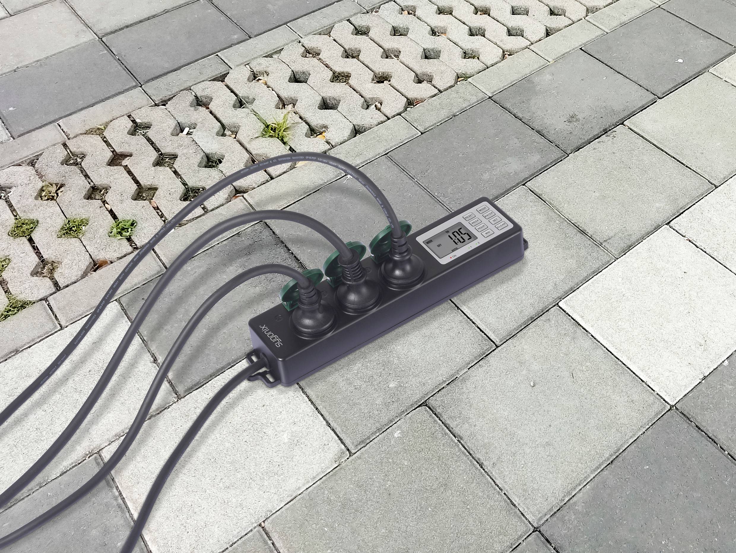 Sygonix SY-6786454 Gartensteckdose mit Zeitschaltuhr 3fach Schwarz, Grün Schutzkontakt 1St.