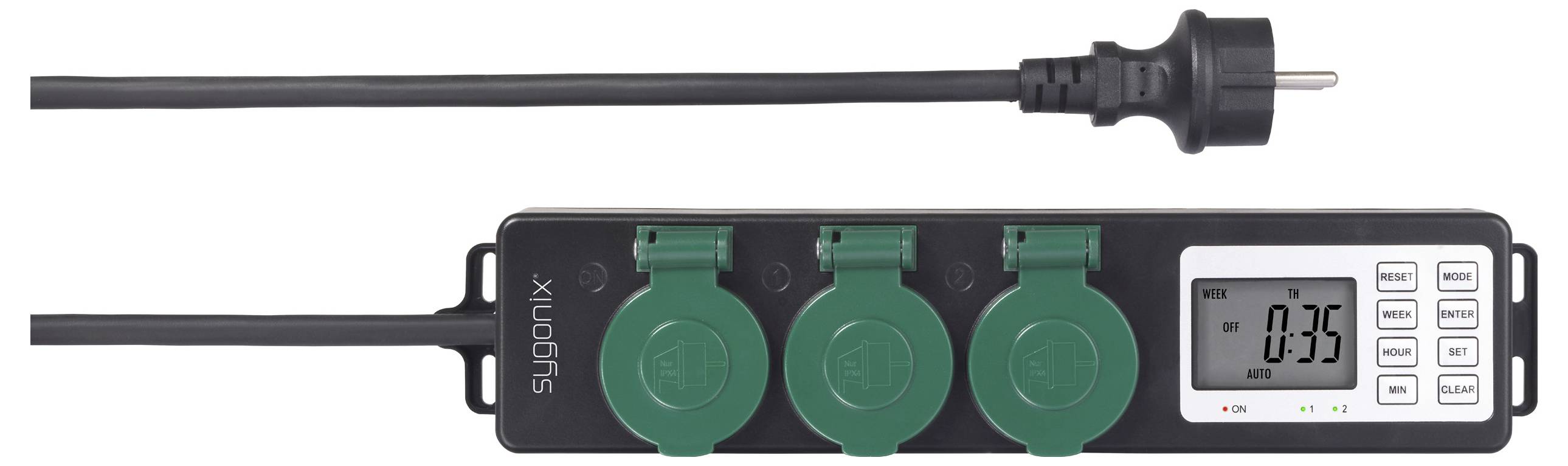 Sygonix SY-6786454 Gartensteckdose mit Zeitschaltuhr 3fach Schwarz, Grün Schutzkontakt 1St.