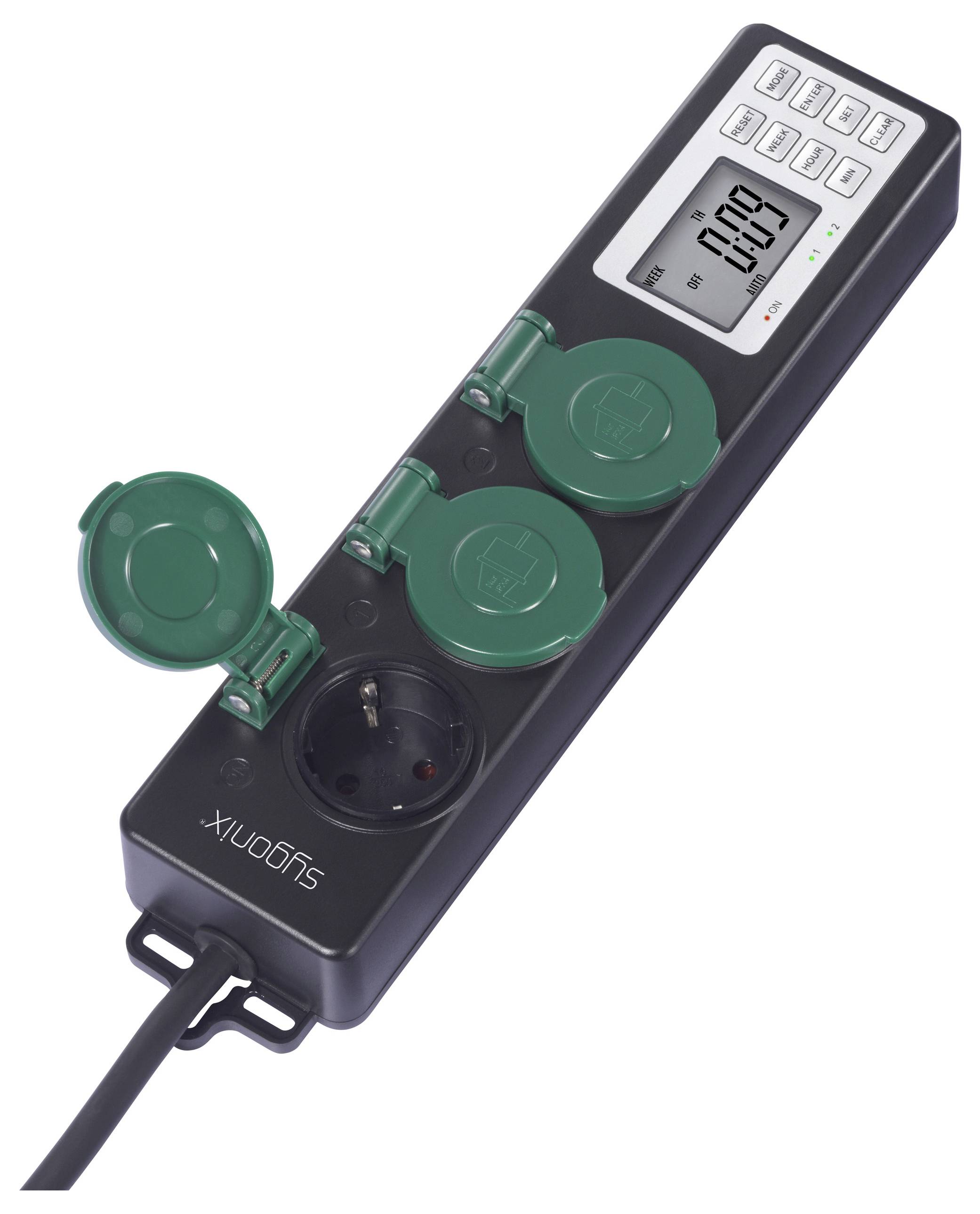 Sygonix SY-6786454 Gartensteckdose mit Zeitschaltuhr 3fach Schwarz, Grün Schutzkontakt 1St.