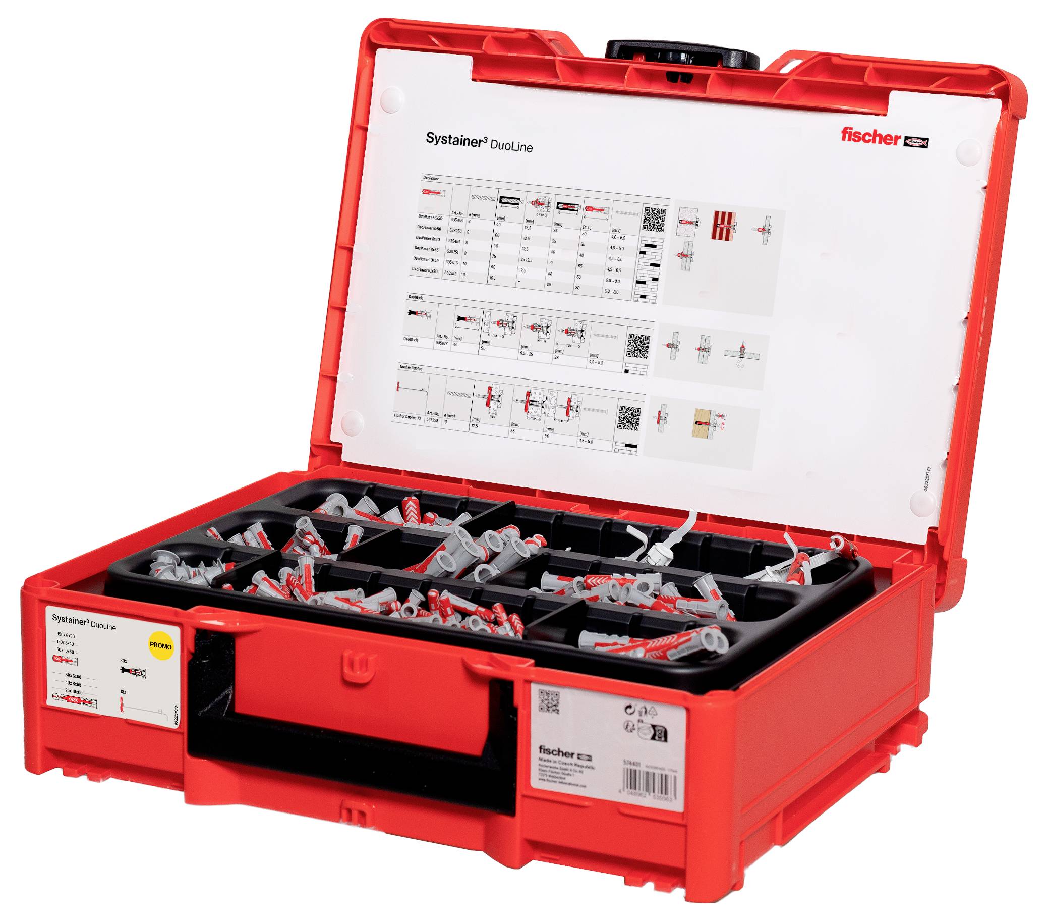 Offene rote Aufbewahrungsbox, die eine Auswahl an grauen und roten Wanddübeln in Fächern zeigt.
