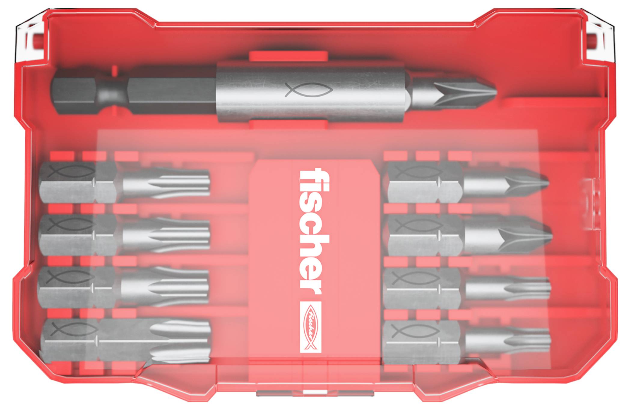 Rote Kunststoffbox, die verschiedene Metallbohrer und Halterungen enthält, mit dem 'fischer' Logo in Weiß auf der Vorderseite.