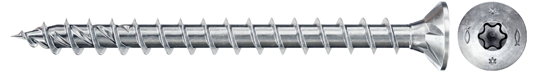Ein Nahaufnahmebild einer Metallschraube mit Torx-Kopfdesign, die ihre spiralförmigen Gewinde und scharfe Spitze zeigt, die für das Befestigen von Holz oder Metall vorgesehen ist.