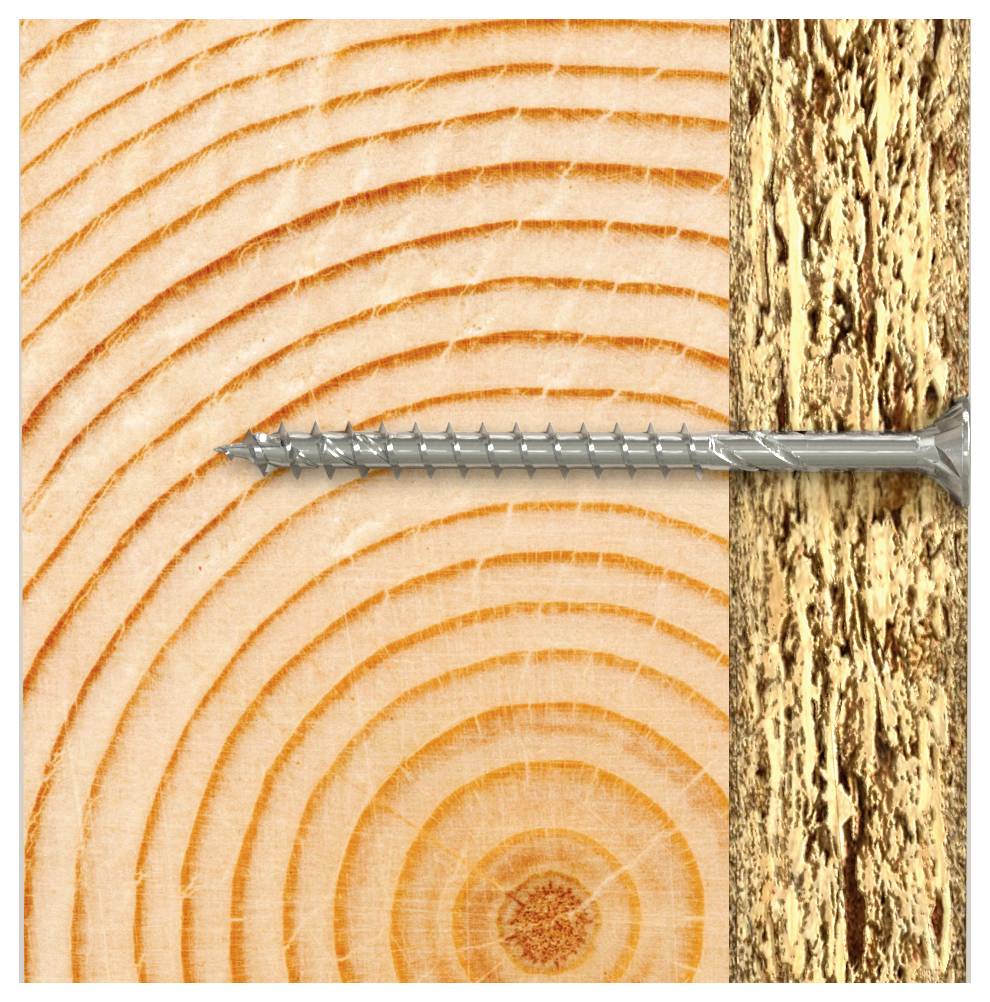 Ein Bolzen ist halb eingedreht zwischen einem Stück frischem Holz mit sichtbaren Jahresringen auf der linken Seite und einem gealterten, rauen Stück auf der rechten Seite.