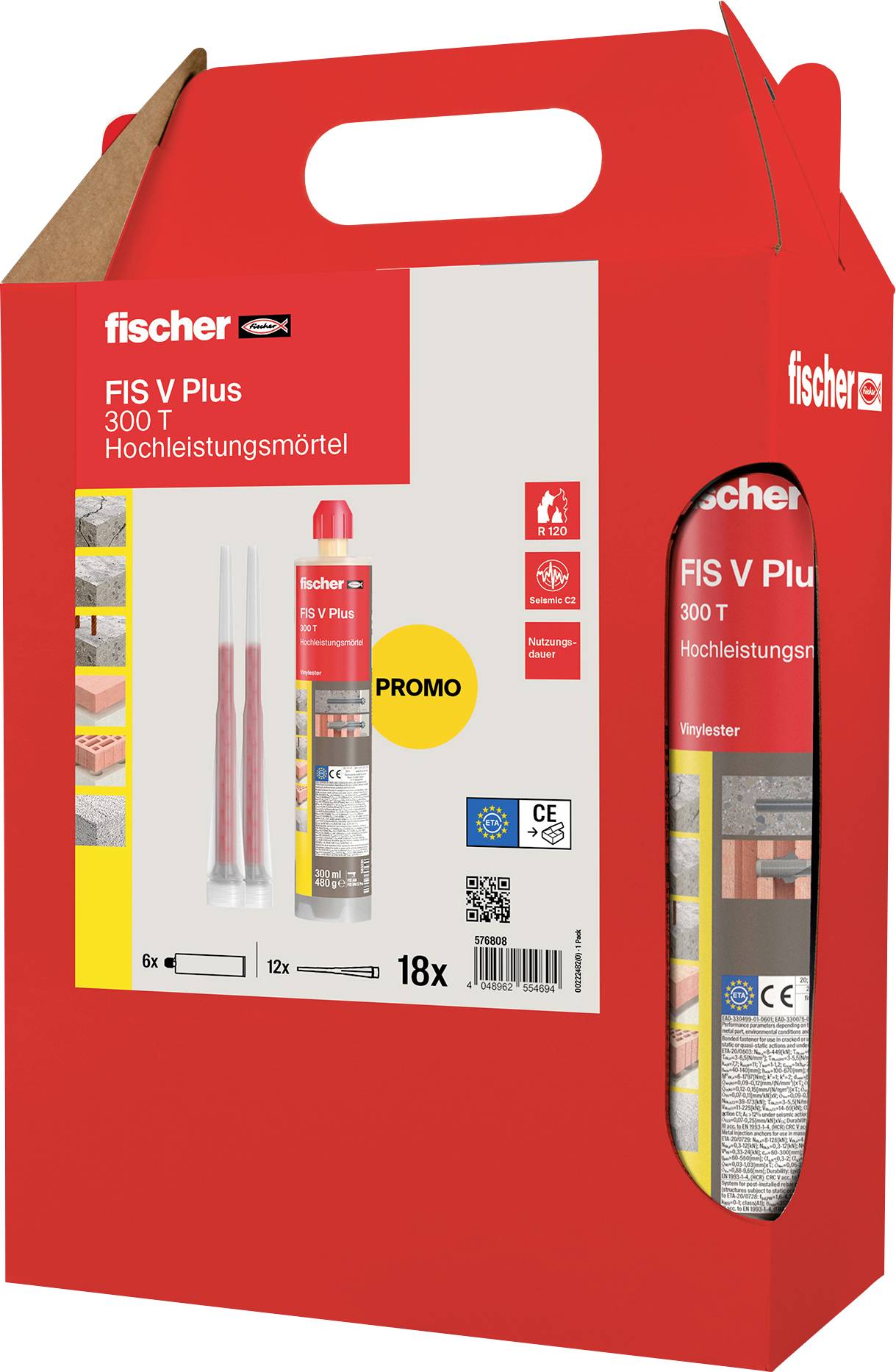 'Fischer FIS V Plus 300 T Hochleistungsmörtel' Produktverpackung, die eine Mörteltube, Anwendungswerkzeuge und eine Werbeaufschrift zeigt.