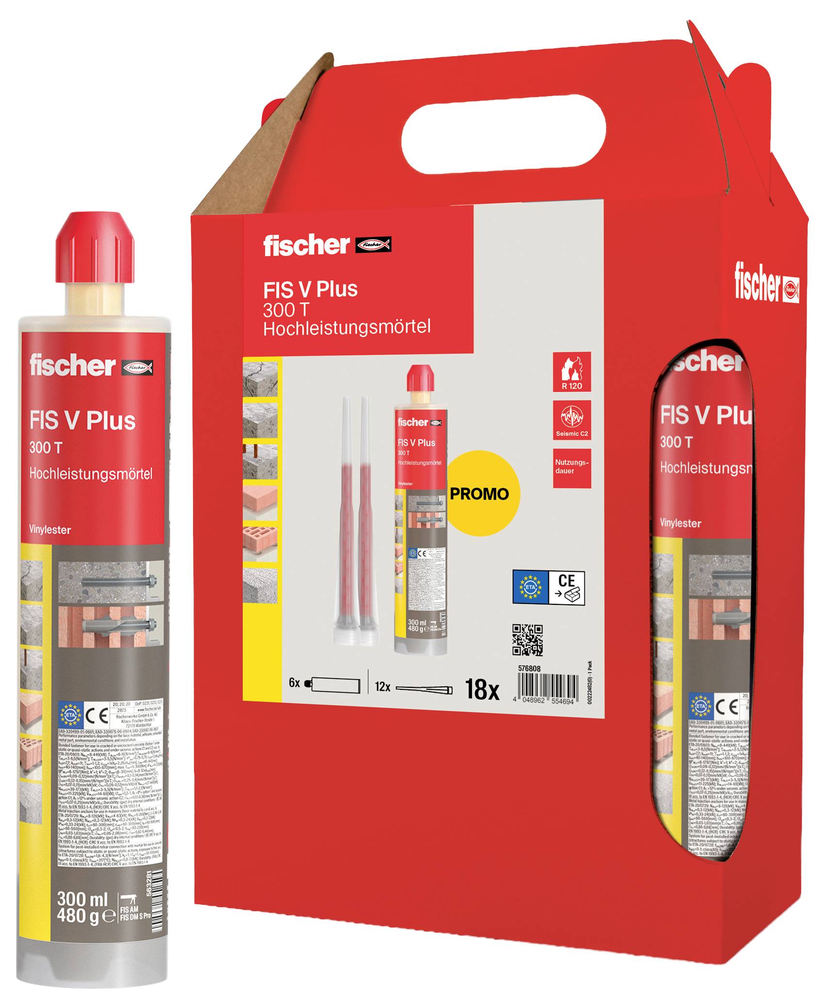 Verpackungskarton und Tube 'Fischer FIS V Plus 300 Hochleistungsmörtel'. Rote Verpackung mit Produktdetails und Verwendungsillustrationen. Enthält 18 Einheiten.