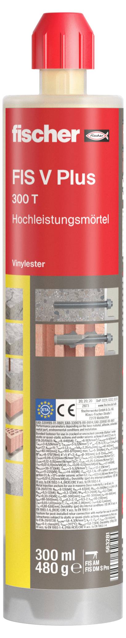 Eine Tube von fischer FIS V Plus 300 T Hochleistungsmörtel, mit roter Kappe, gelb-grauer Etikettierung, die Anwendungsbeispiele zeigt.