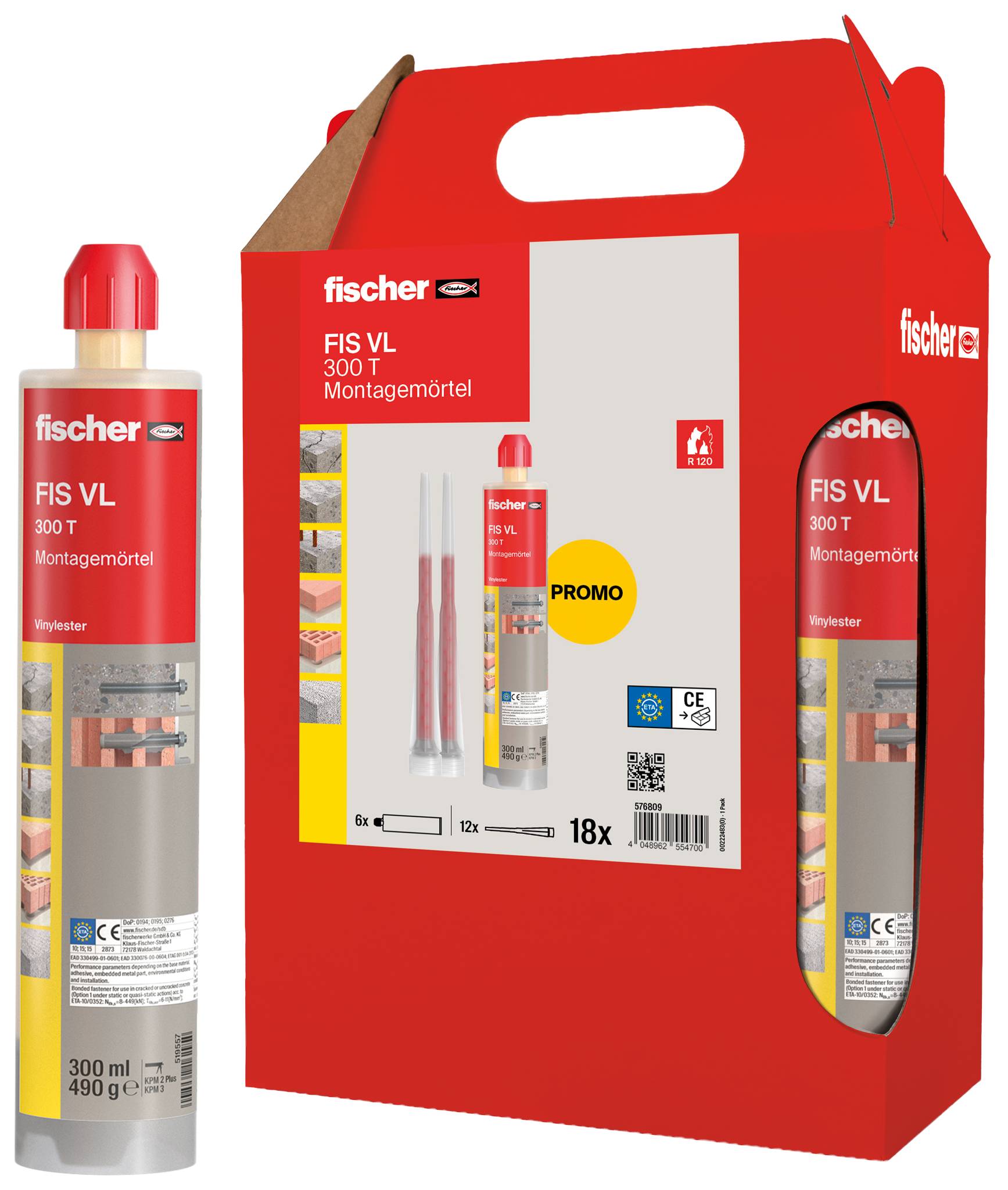 Fischer FIS VL 300 T Befestigungsmörtel Promopaket mit Kartusche und Mischüse, dargestellt neben der roten Produktbox.