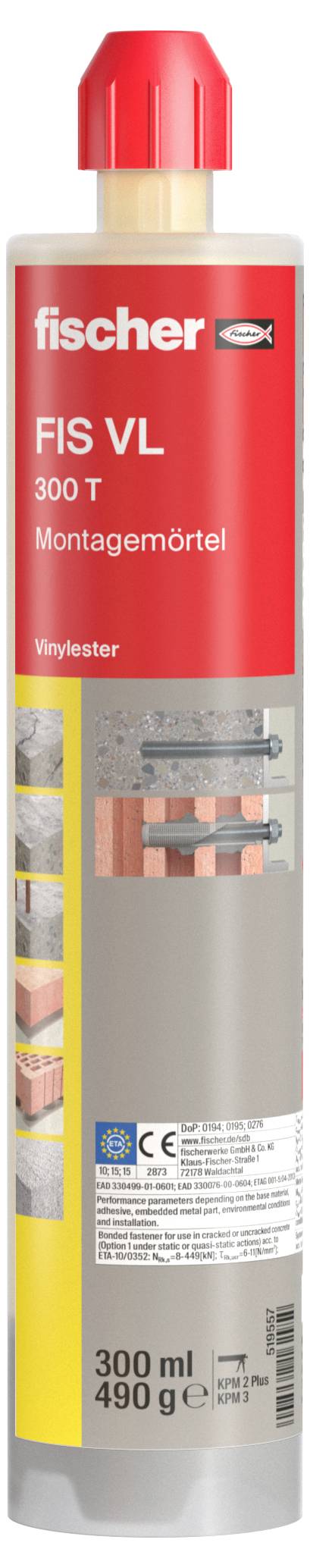 Roter und grauer zylindrischer Kartusche mit der Aufschrift 'fischer FIS VL 300 T Montagemörtel.' Zeigt Anwendungsbilder für den Baubereich.